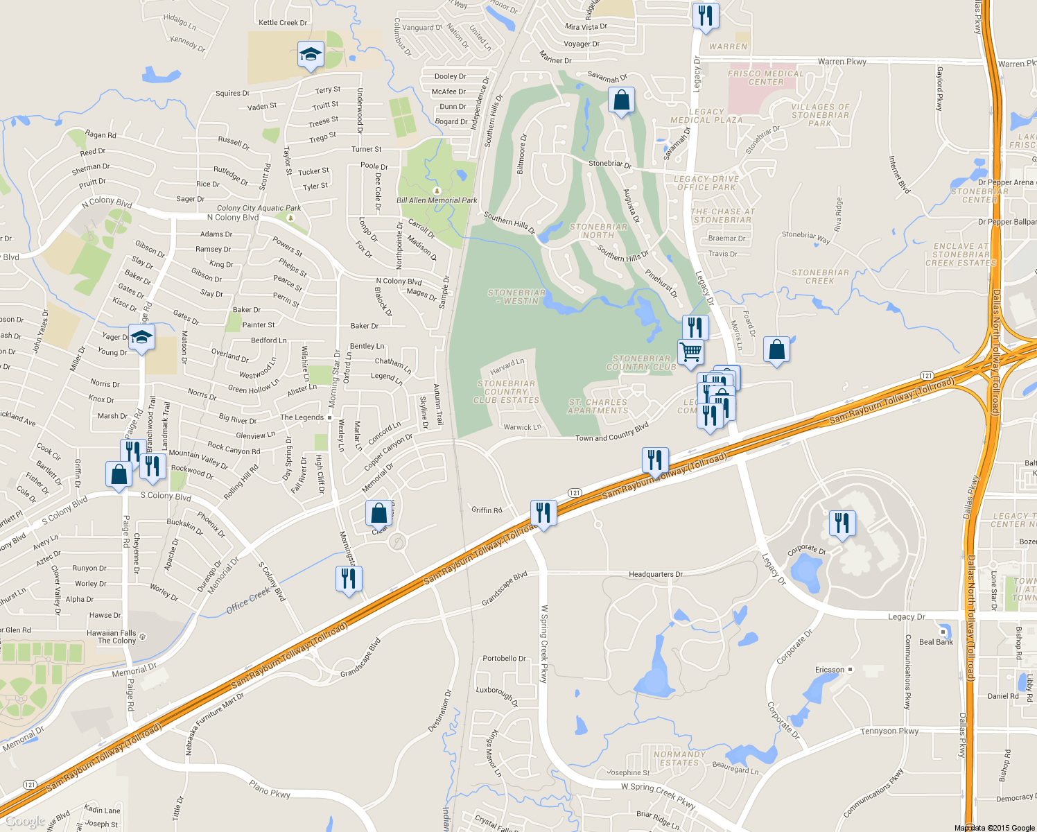 map of restaurants, bars, coffee shops, grocery stores, and more near 4597 Princess Caroline Court in Frisco