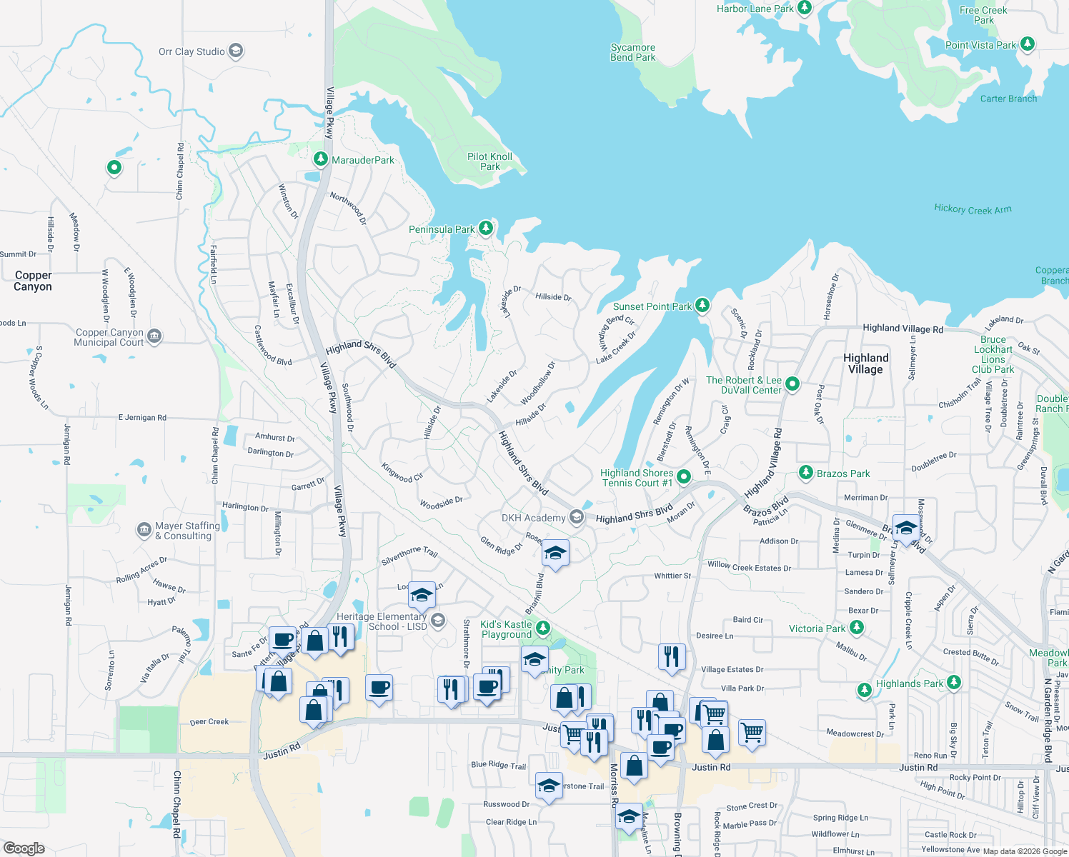 map of restaurants, bars, coffee shops, grocery stores, and more near 745 Oak Leaf Ct in Highland Village