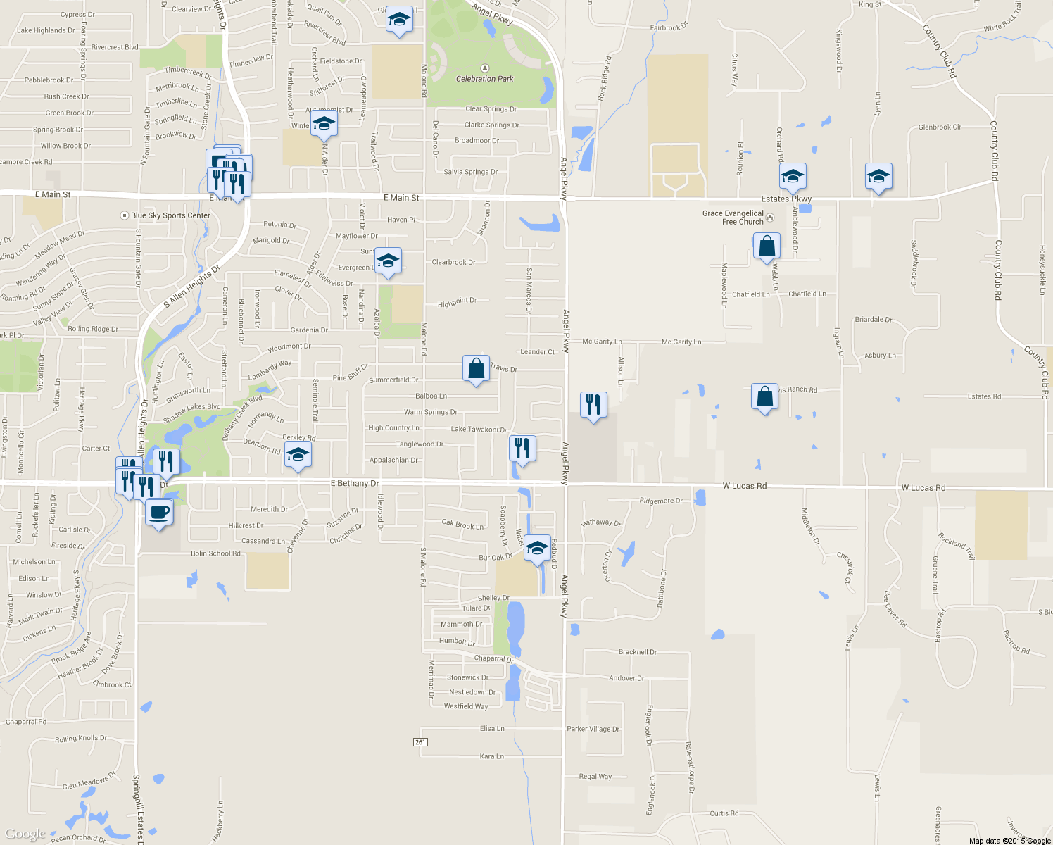 map of restaurants, bars, coffee shops, grocery stores, and more near 1812 Lake Texoma Circle in Allen