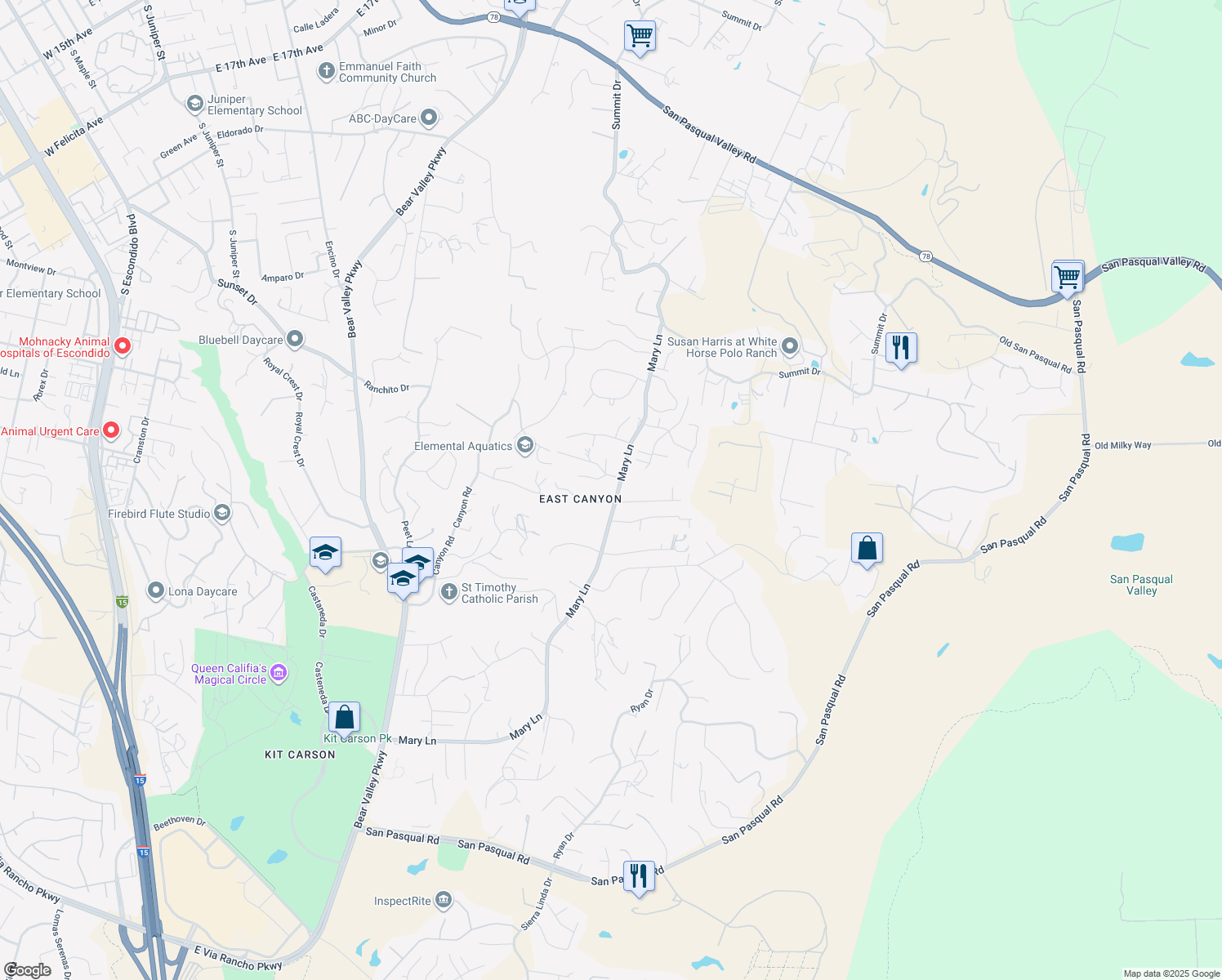 map of restaurants, bars, coffee shops, grocery stores, and more near 2853 Mary Lane in Escondido