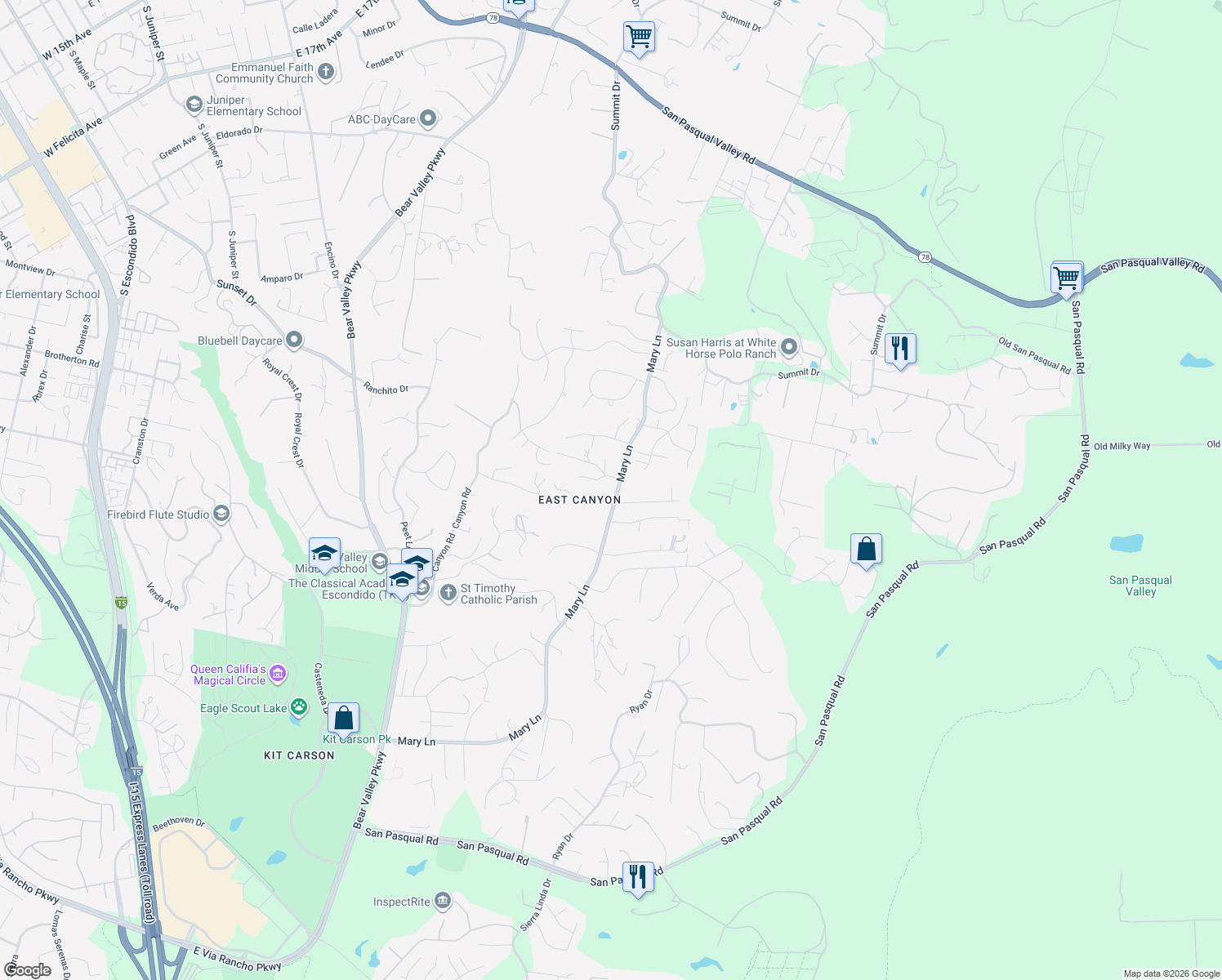 map of restaurants, bars, coffee shops, grocery stores, and more near 2853 Mary Lane in Escondido