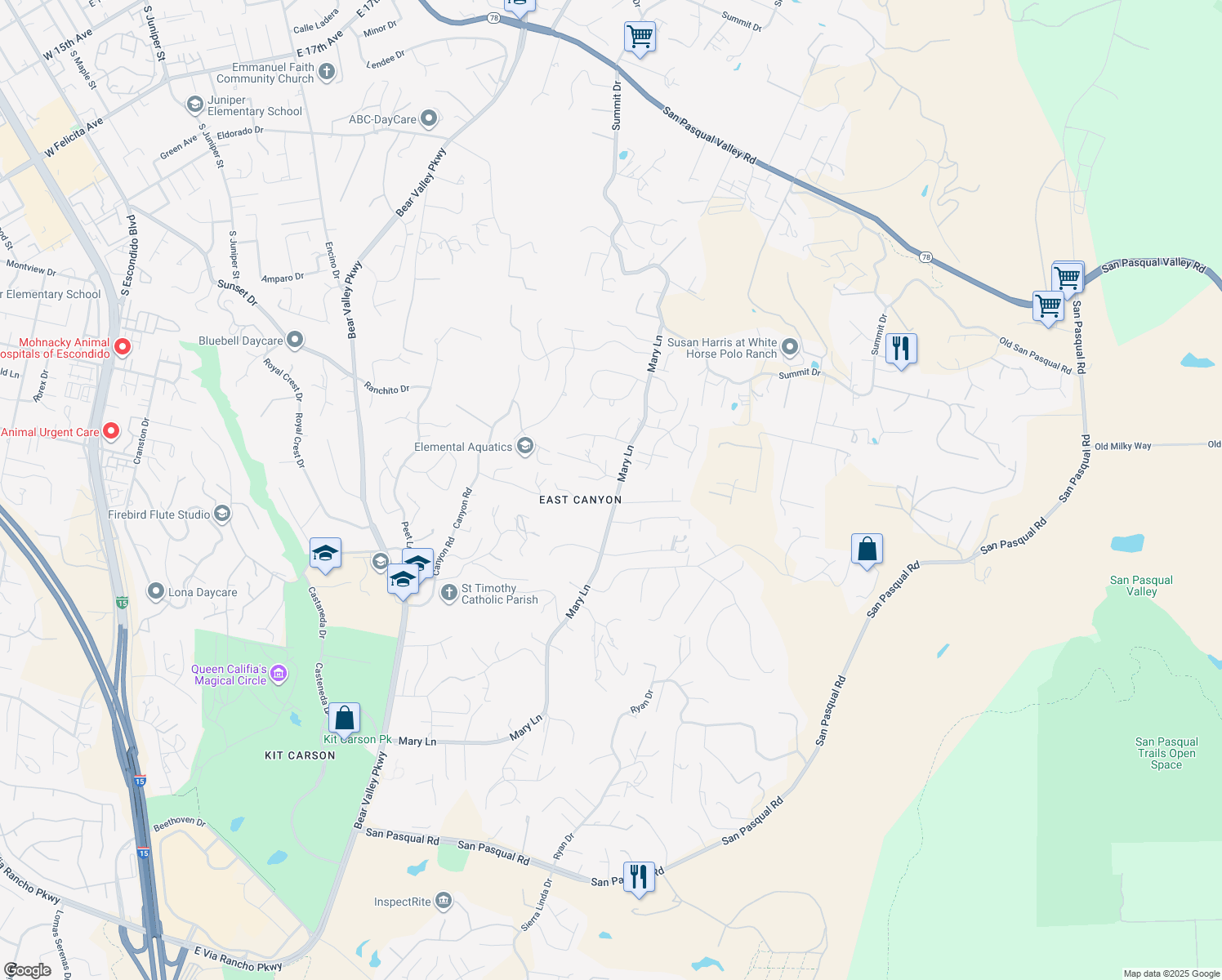 map of restaurants, bars, coffee shops, grocery stores, and more near 2853 Mary Lane in Escondido