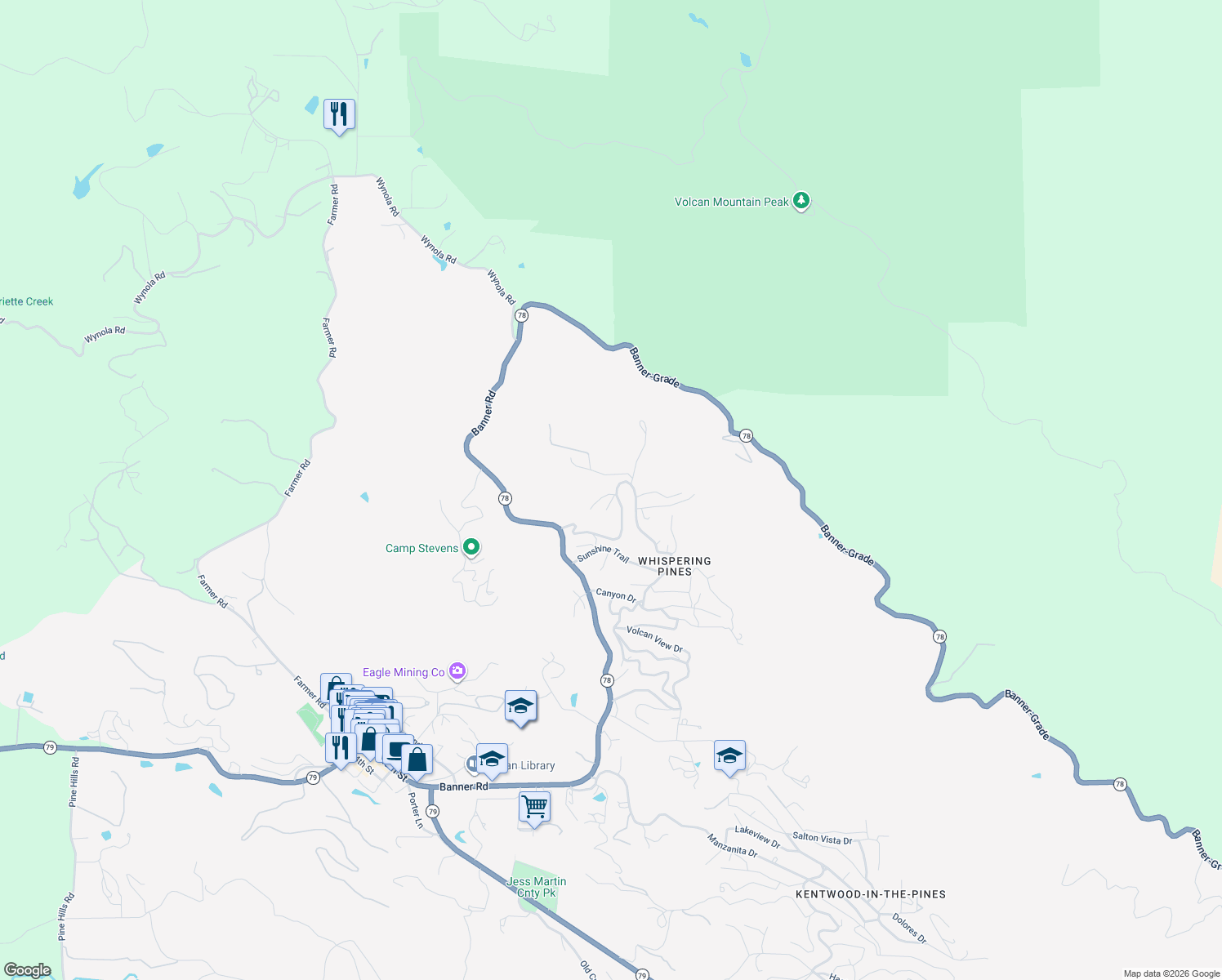 map of restaurants, bars, coffee shops, grocery stores, and more near 1757 Whispering Pines Drive in Julian