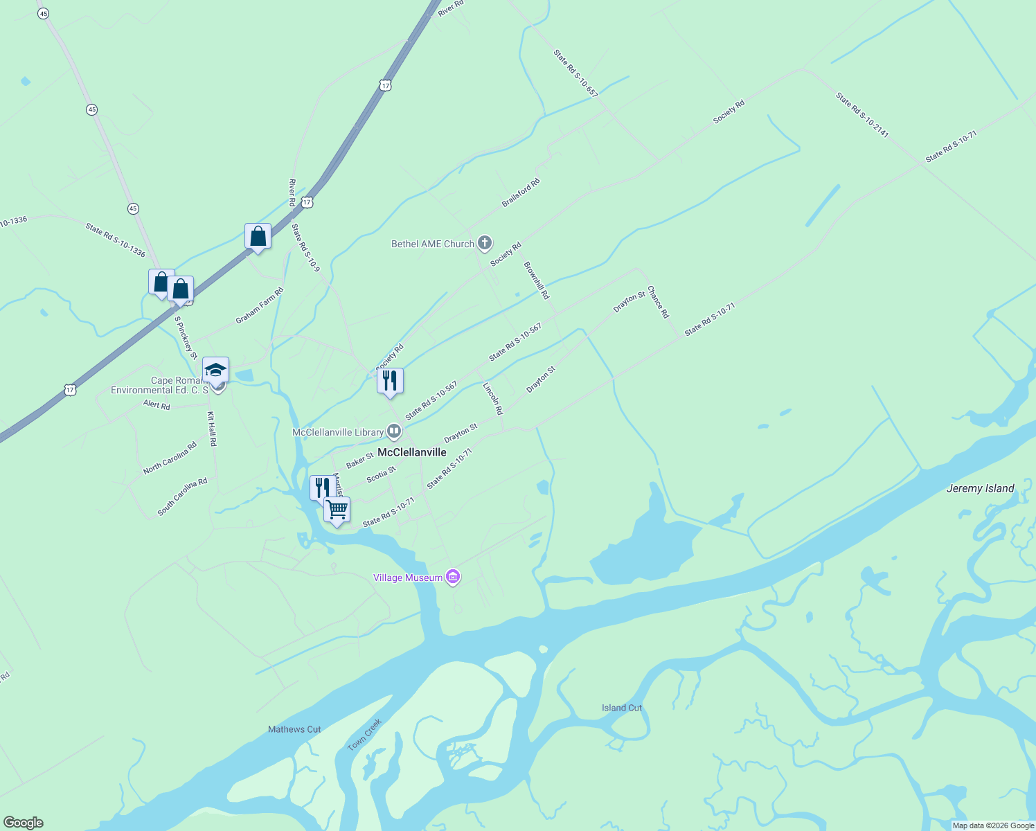 map of restaurants, bars, coffee shops, grocery stores, and more near 420 Dupre Road in McClellanville
