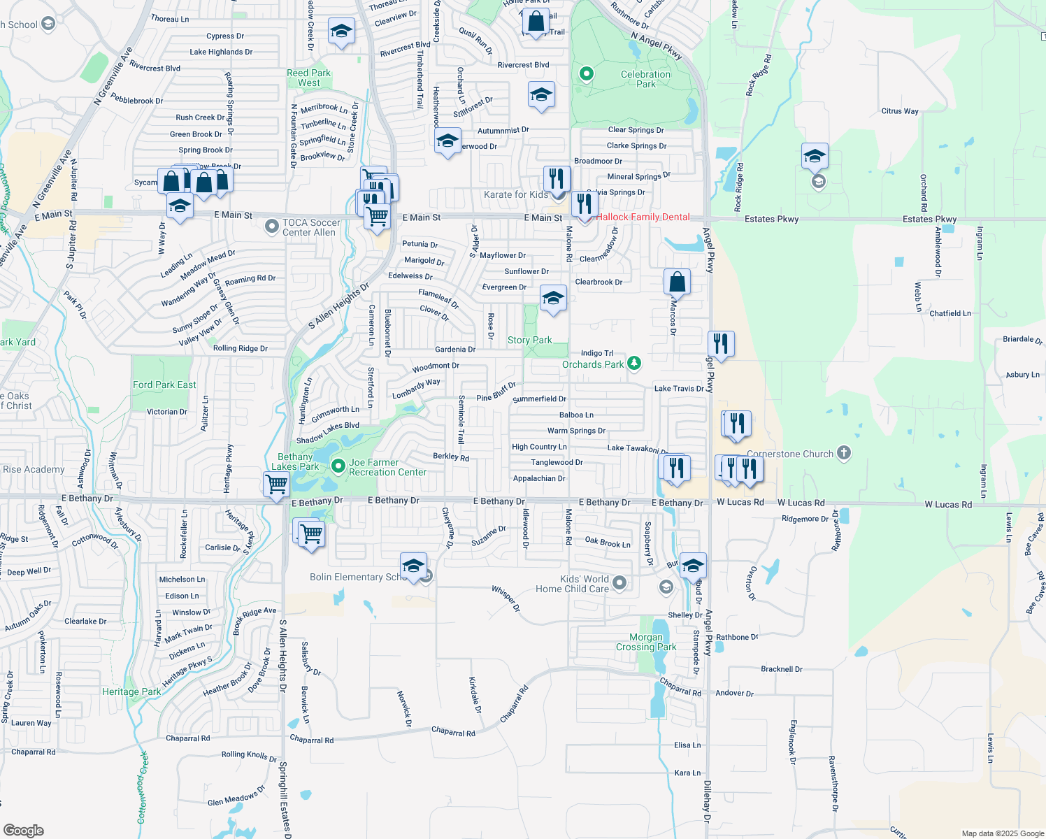 map of restaurants, bars, coffee shops, grocery stores, and more near 1506 Balboa Lane in Allen