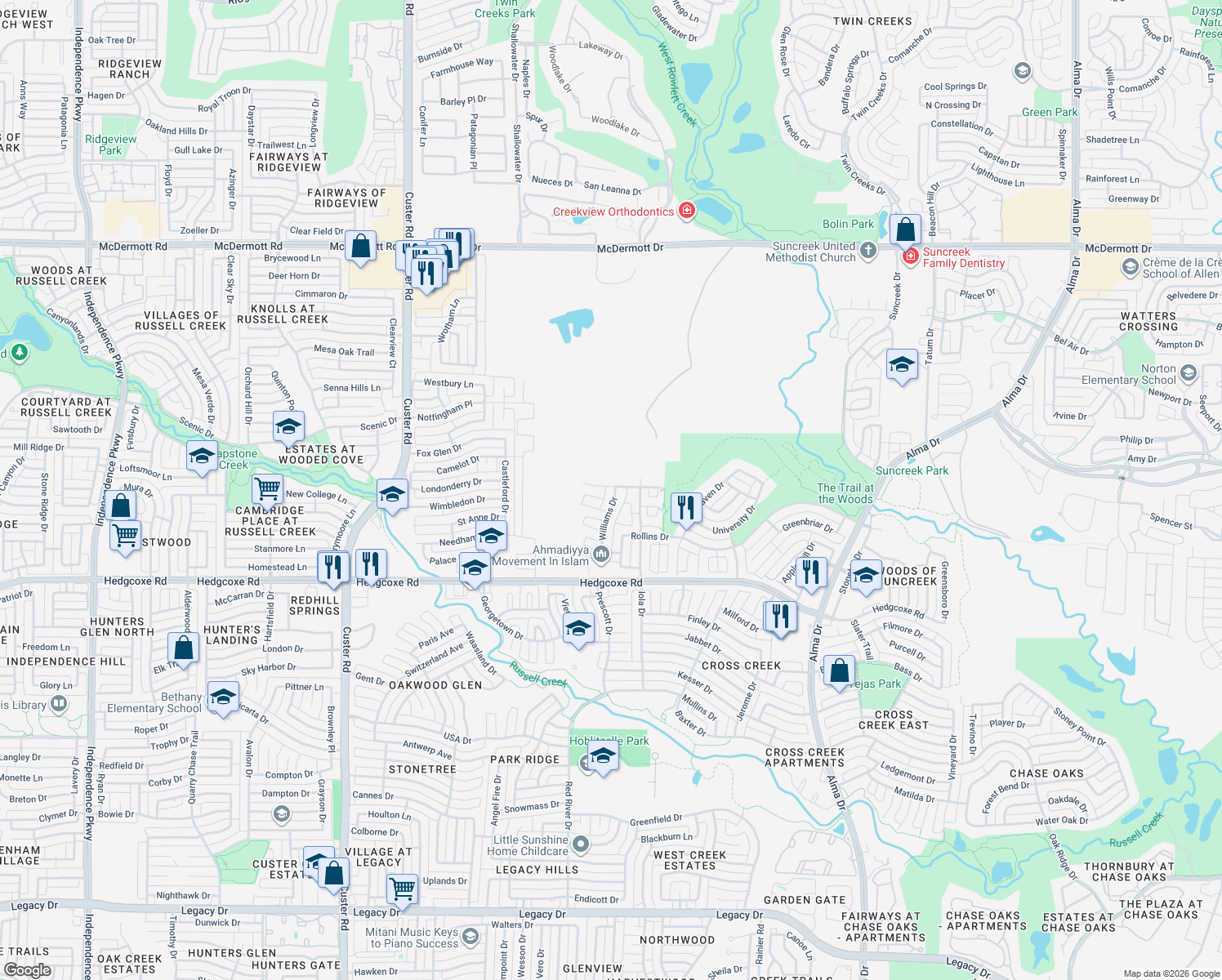 map of restaurants, bars, coffee shops, grocery stores, and more near 600 Williams Dr in Allen