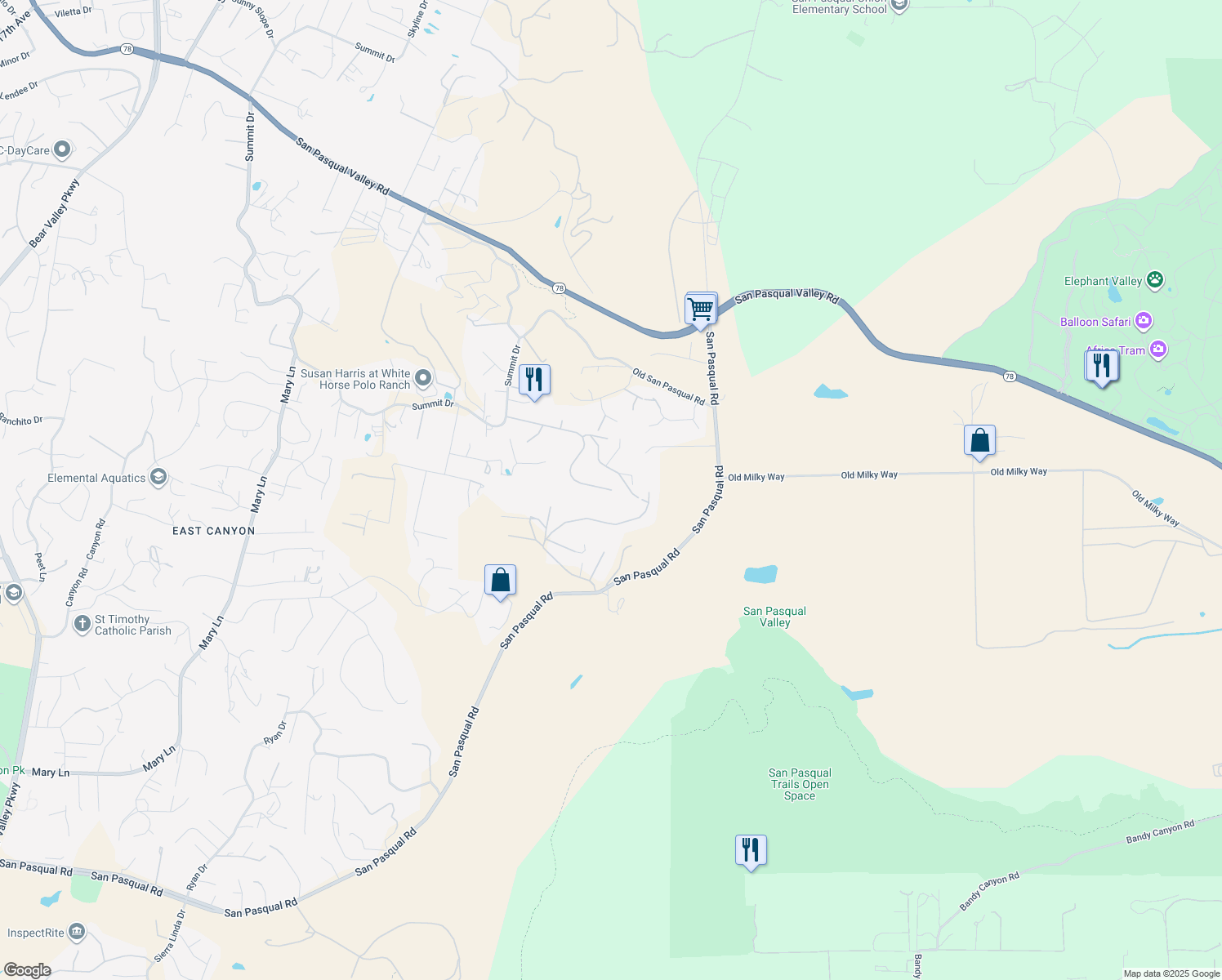 map of restaurants, bars, coffee shops, grocery stores, and more near 18695 Summit Crest in Escondido