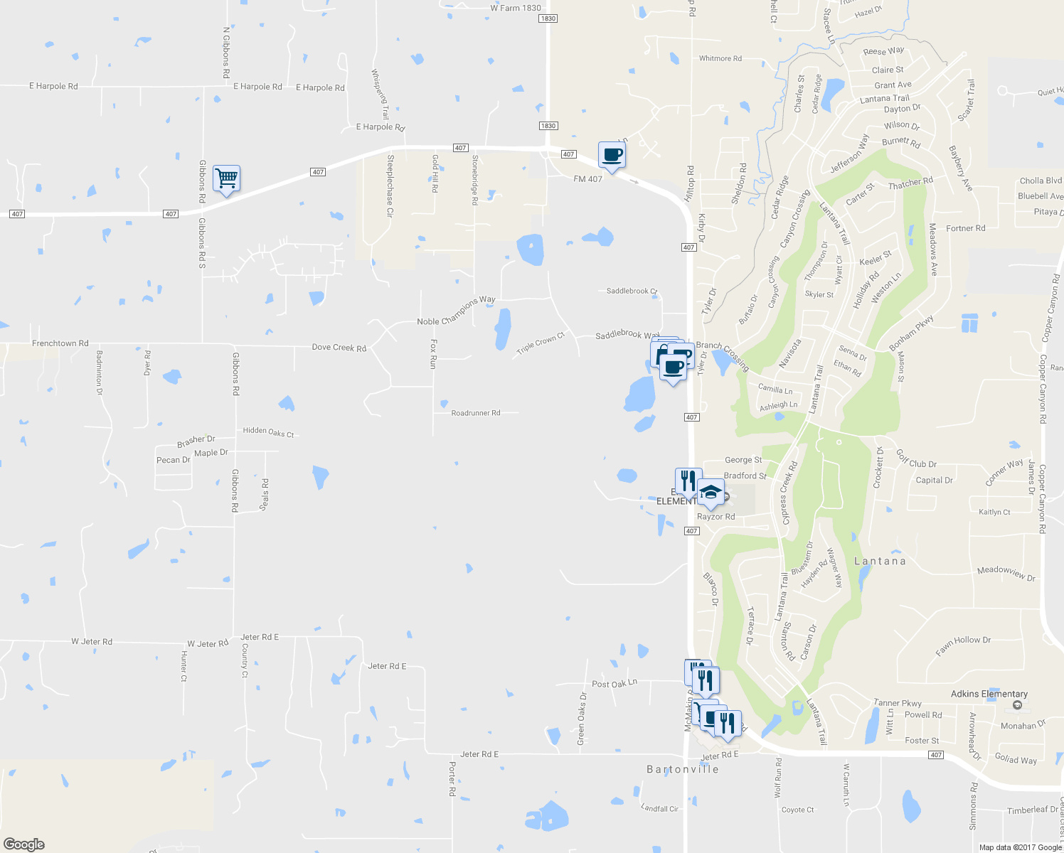 map of restaurants, bars, coffee shops, grocery stores, and more near 1096 Roadrunner Rd in Bartonville