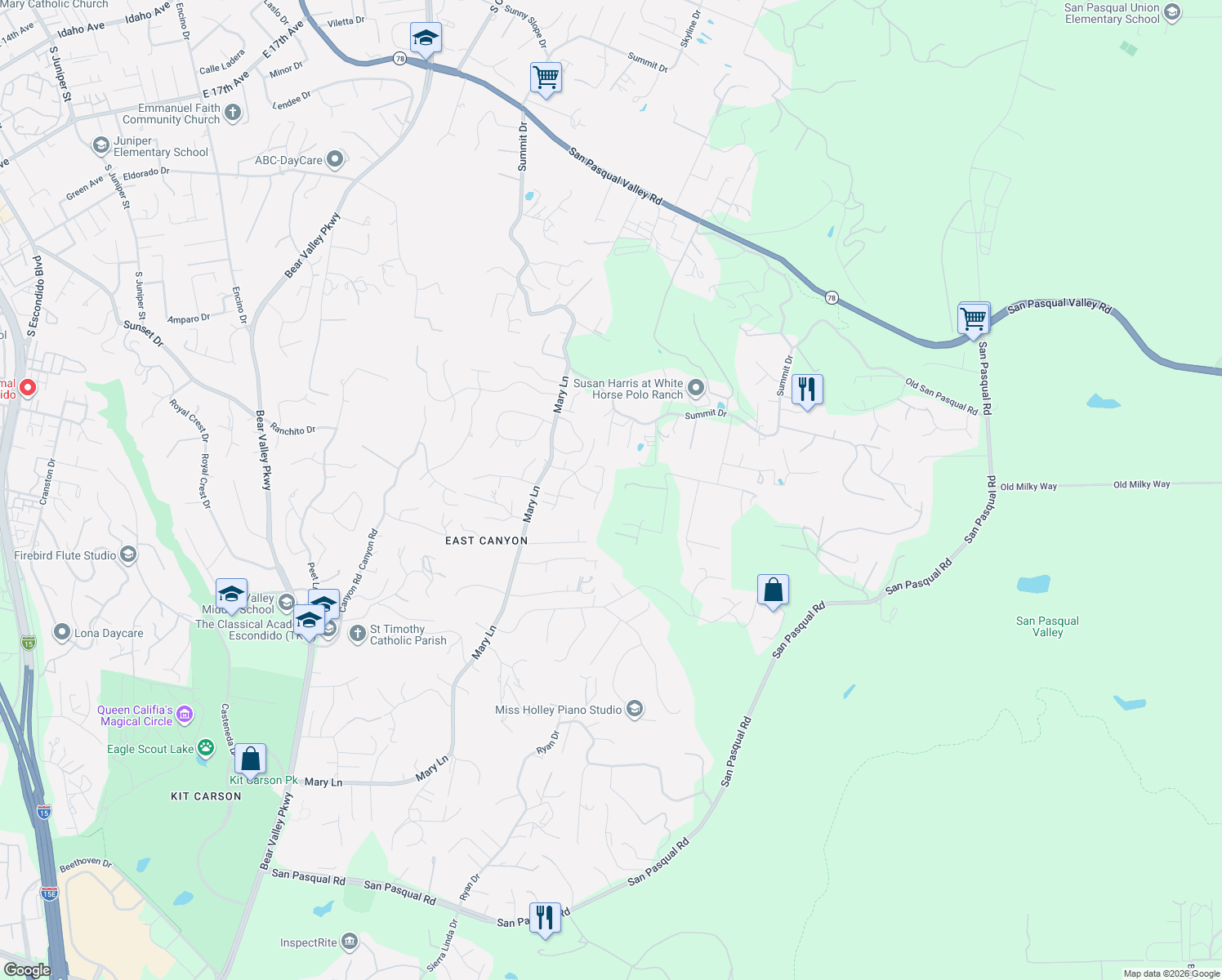 map of restaurants, bars, coffee shops, grocery stores, and more near 2860 Eastview Terrace in Escondido