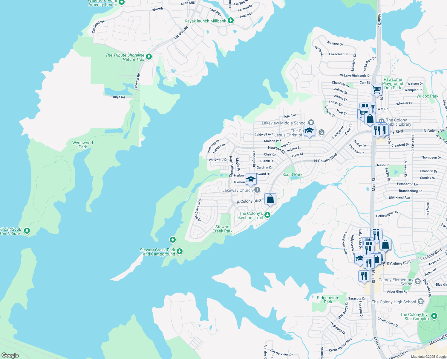 map of restaurants, bars, coffee shops, grocery stores, and more near 3818 Pebble Beach Court in The Colony
