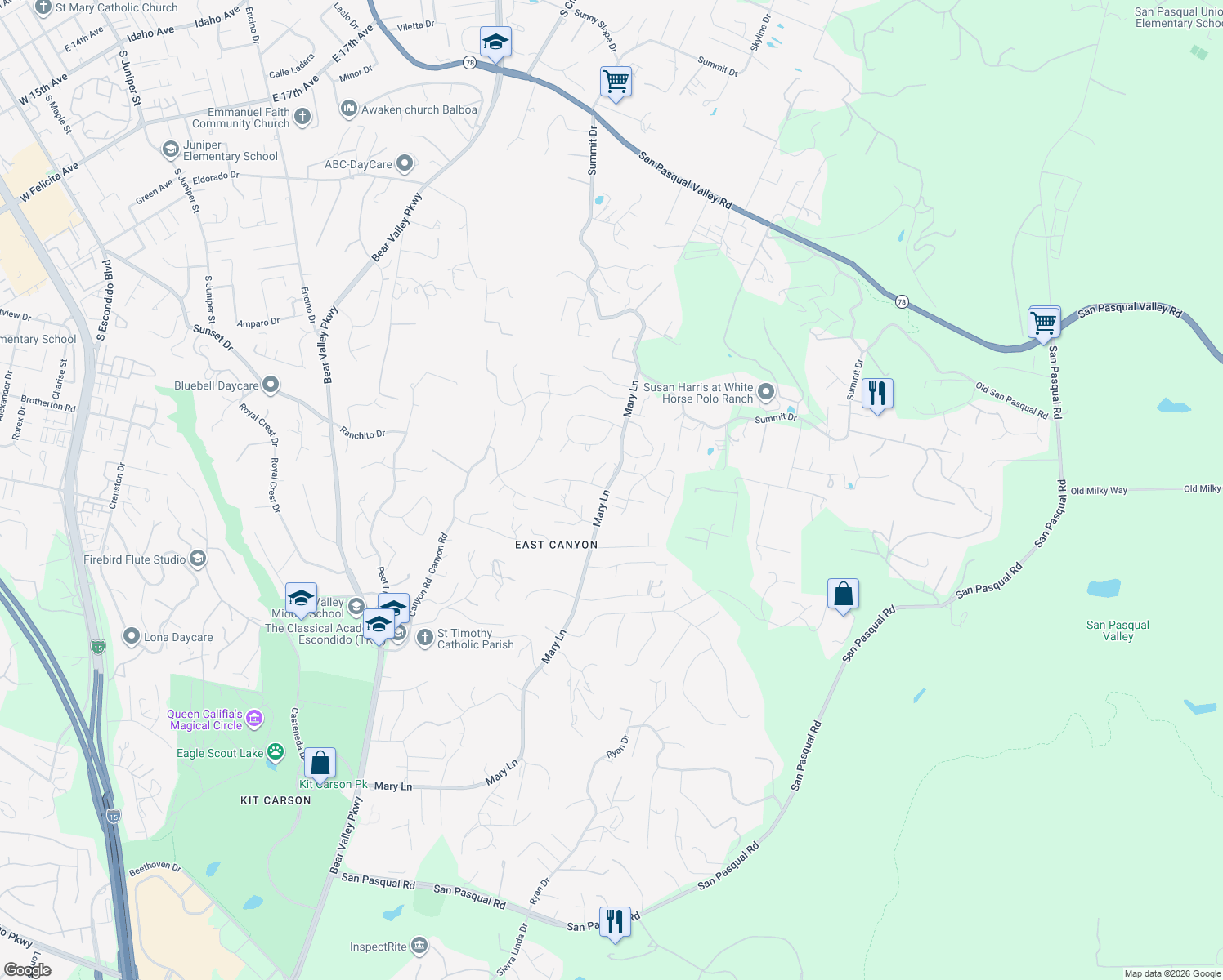 map of restaurants, bars, coffee shops, grocery stores, and more near 2841 Glenview Way in Escondido