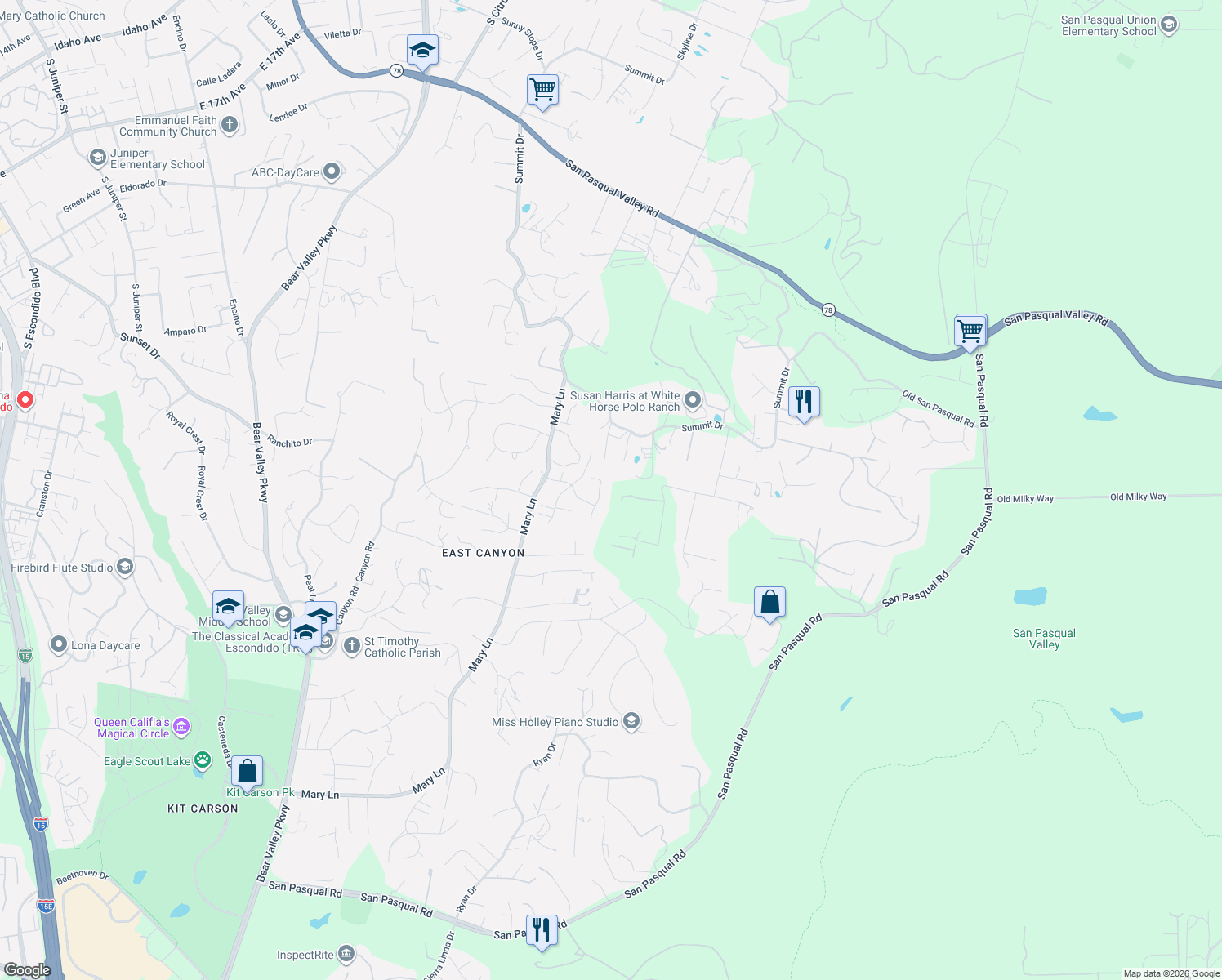 map of restaurants, bars, coffee shops, grocery stores, and more near 2728 Eastview Terrace in Escondido