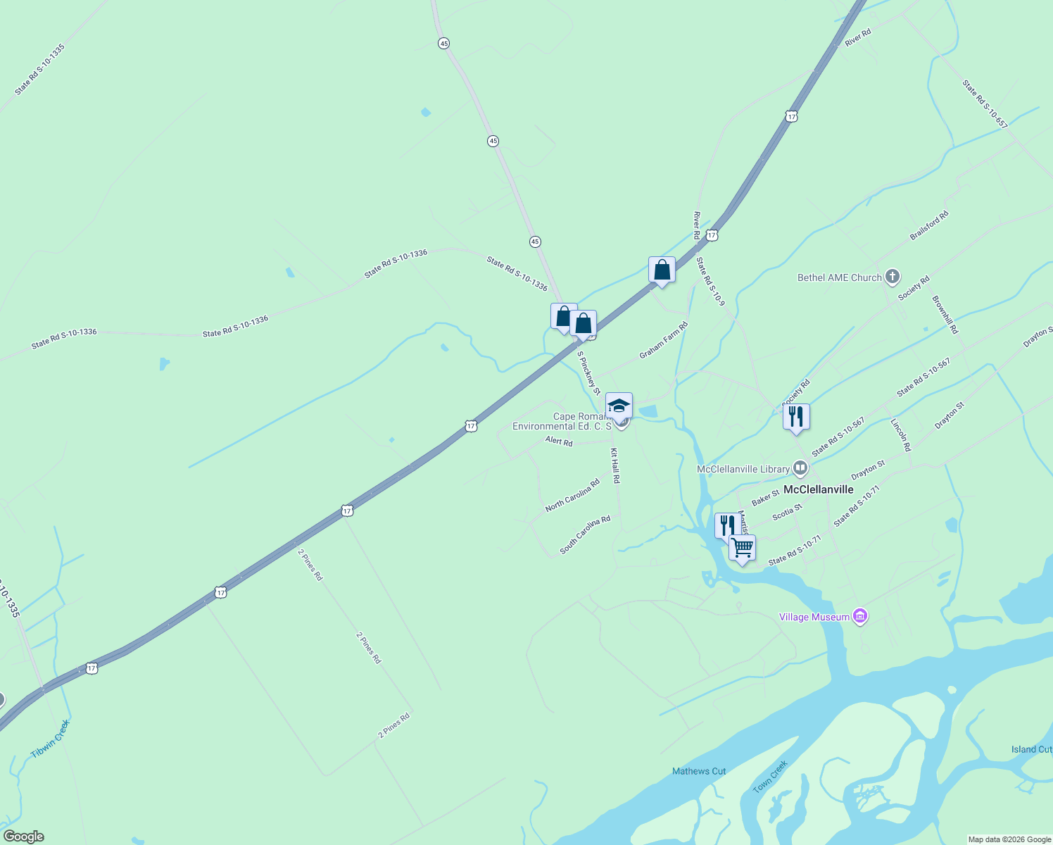 map of restaurants, bars, coffee shops, grocery stores, and more near 10025 Hercules Road in McClellanville