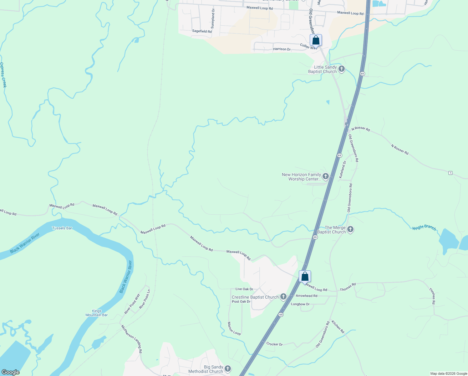 map of restaurants, bars, coffee shops, grocery stores, and more near 11417 Woodbank Ridge in Tuscaloosa