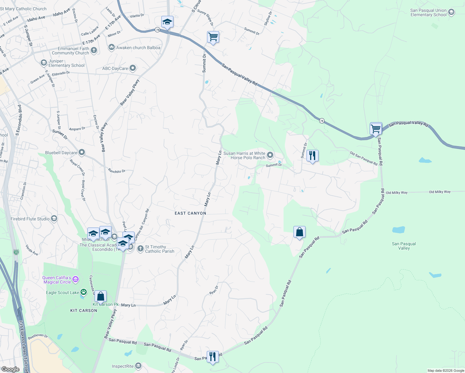 map of restaurants, bars, coffee shops, grocery stores, and more near 2741 Eastview Terrace in Escondido