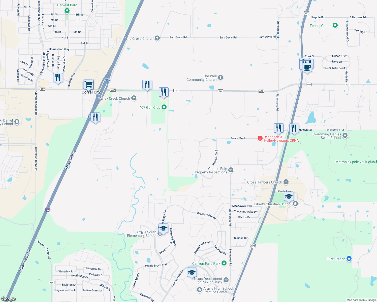 map of restaurants, bars, coffee shops, grocery stores, and more near 825 Prairie Trail in Argyle