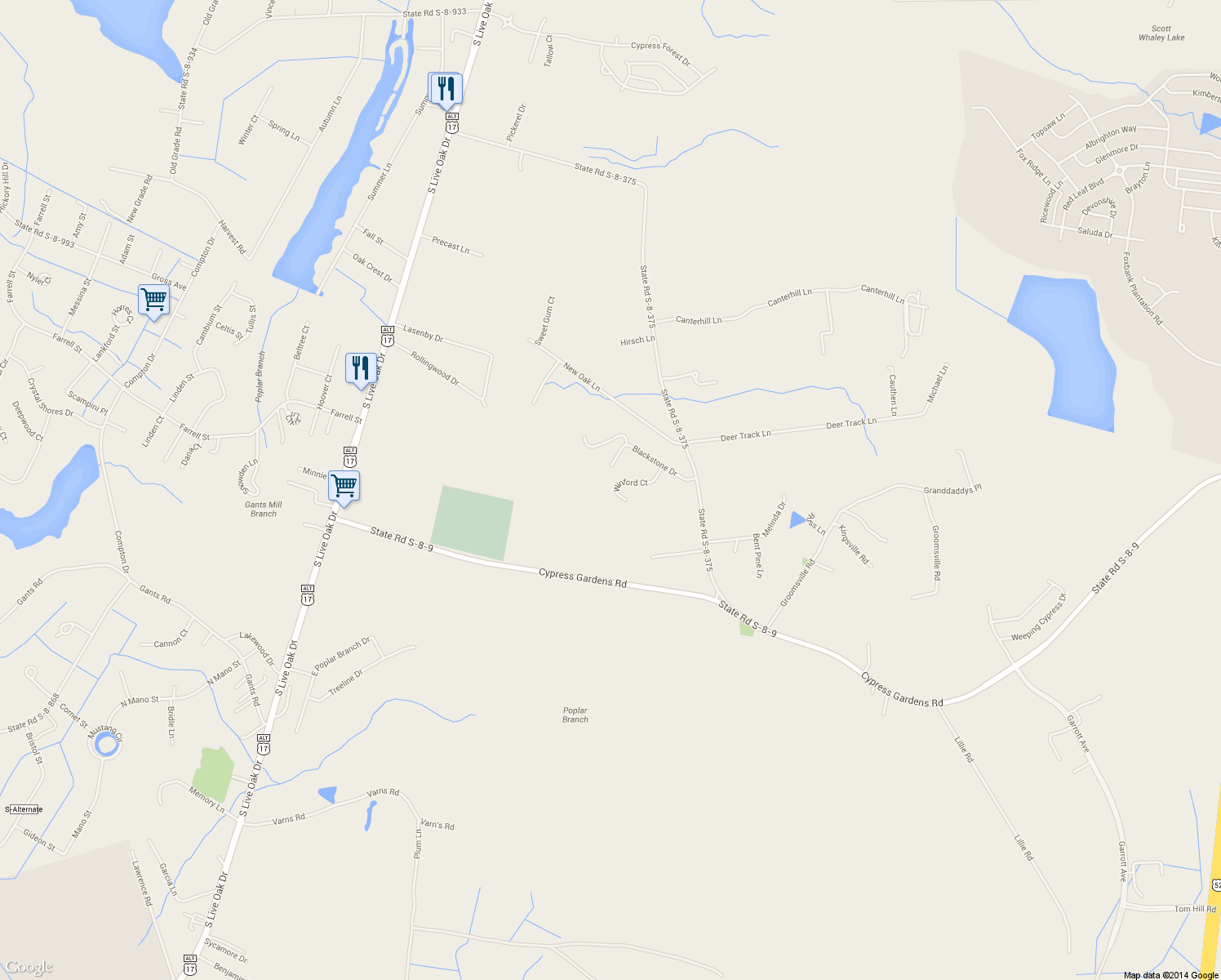 map of restaurants, bars, coffee shops, grocery stores, and more near 333 Blackstone Drive in Moncks Corner