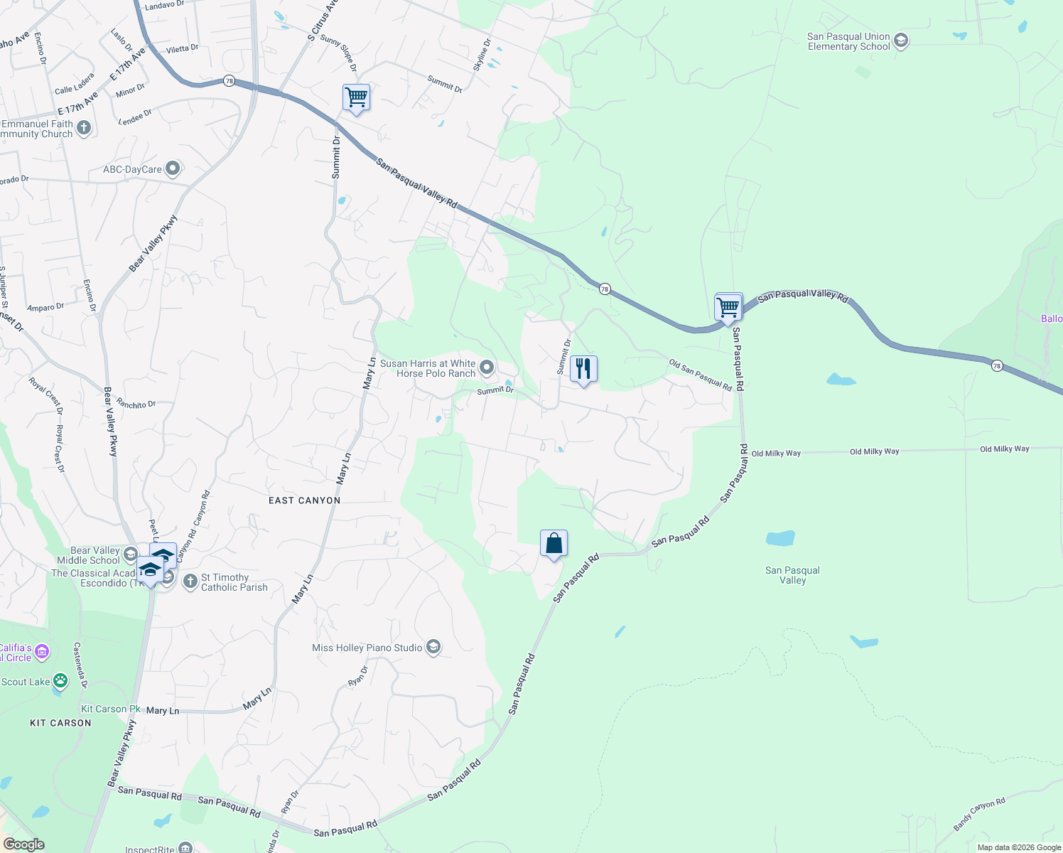 map of restaurants, bars, coffee shops, grocery stores, and more near 3096 Rancho Del Verde Place in Escondido