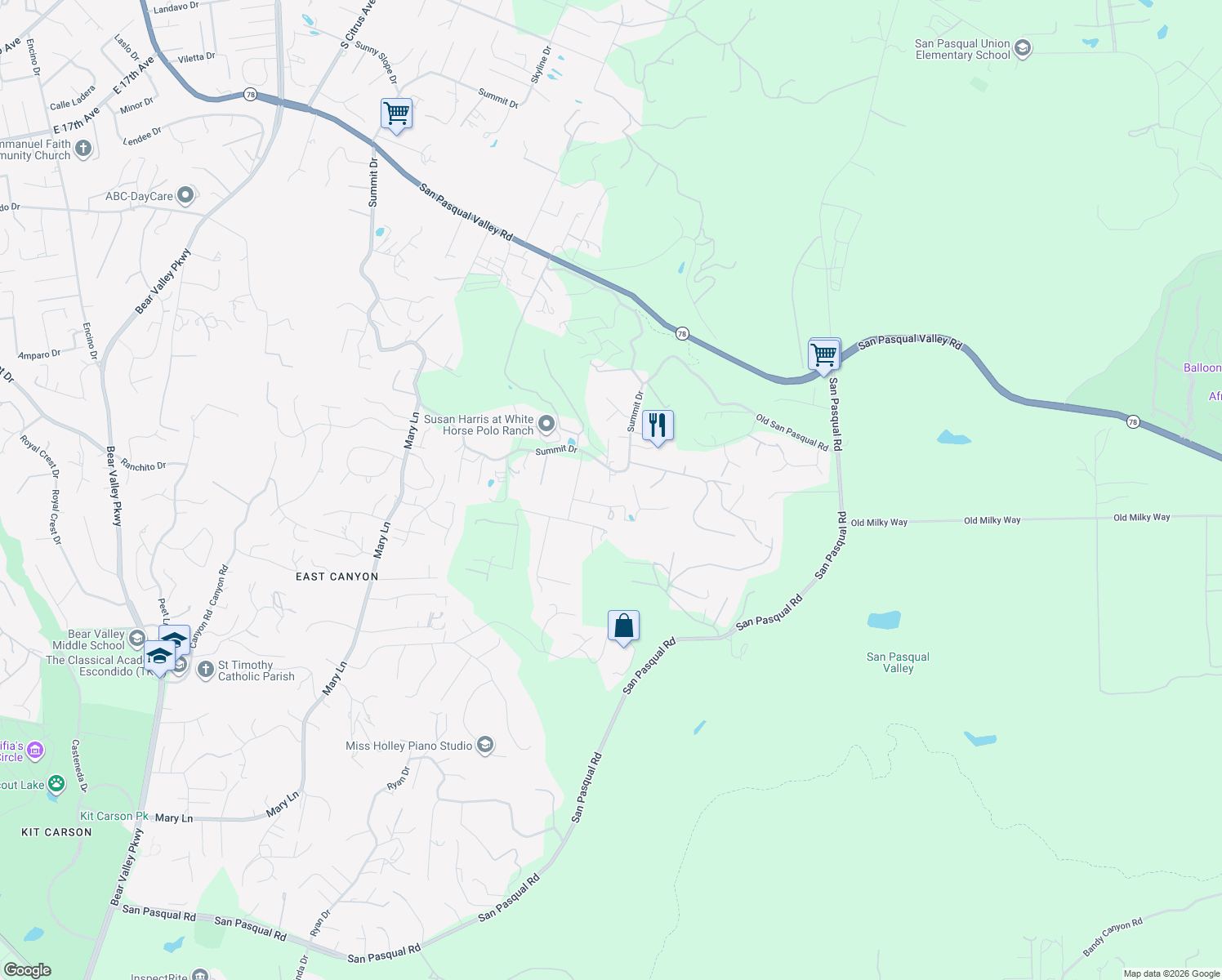 map of restaurants, bars, coffee shops, grocery stores, and more near 3096 Rancho Del Verde Place in Escondido