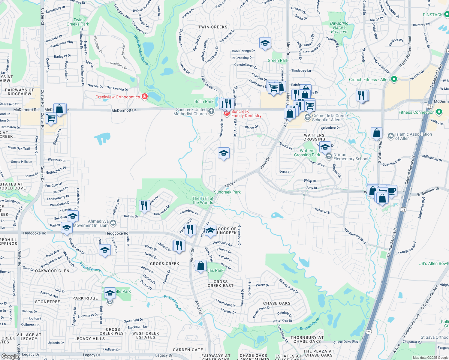 map of restaurants, bars, coffee shops, grocery stores, and more near 1414 Tulane Ct in Allen