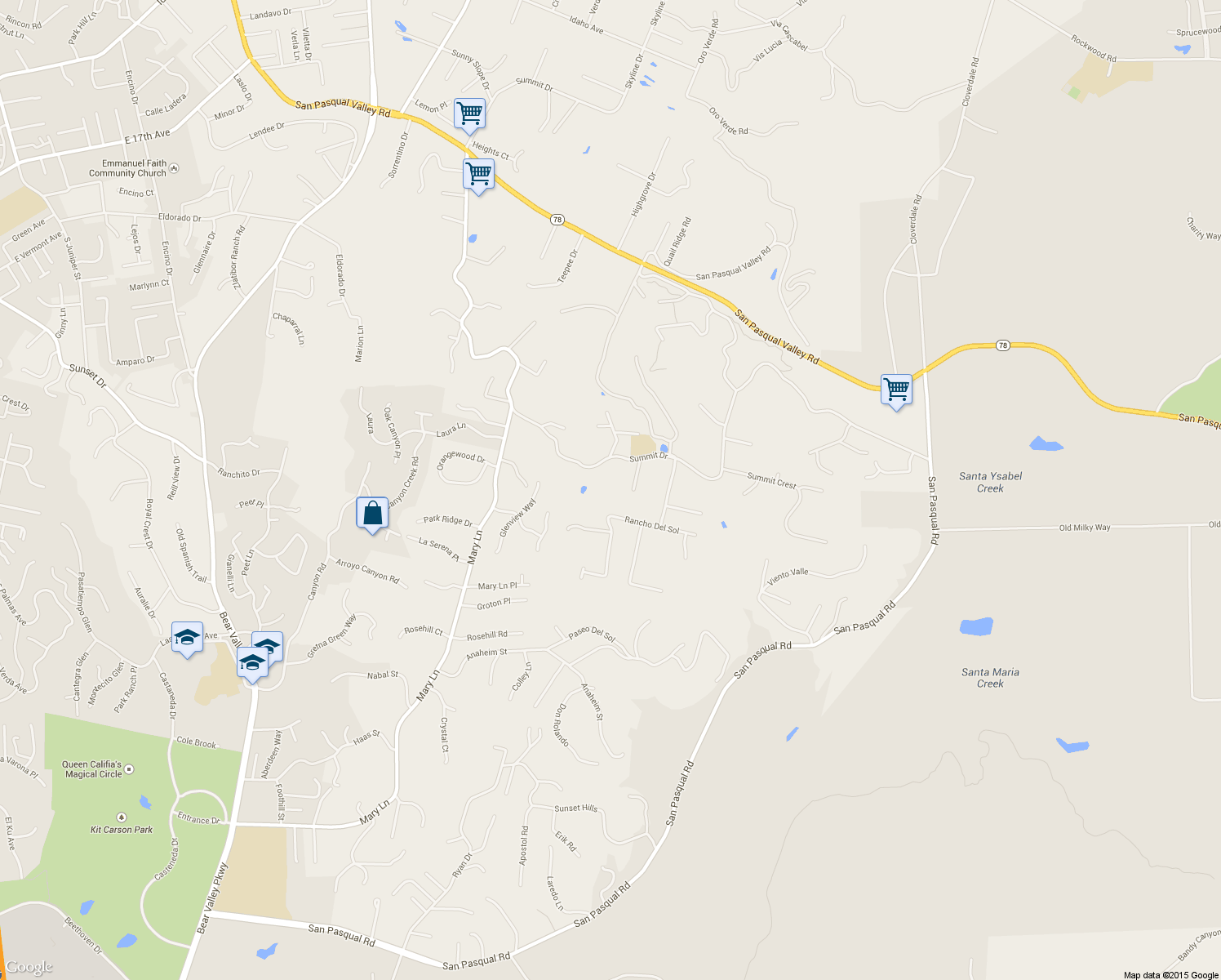 map of restaurants, bars, coffee shops, grocery stores, and more near 2859 Summit Drive in Escondido