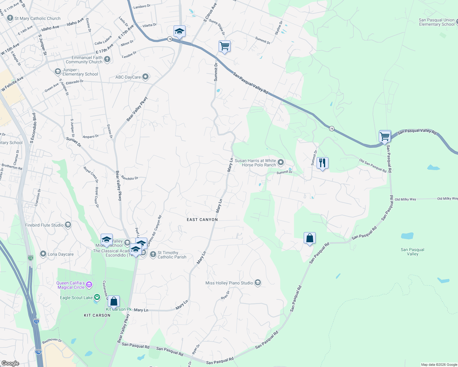 map of restaurants, bars, coffee shops, grocery stores, and more near 2692 Mary Lane in Escondido