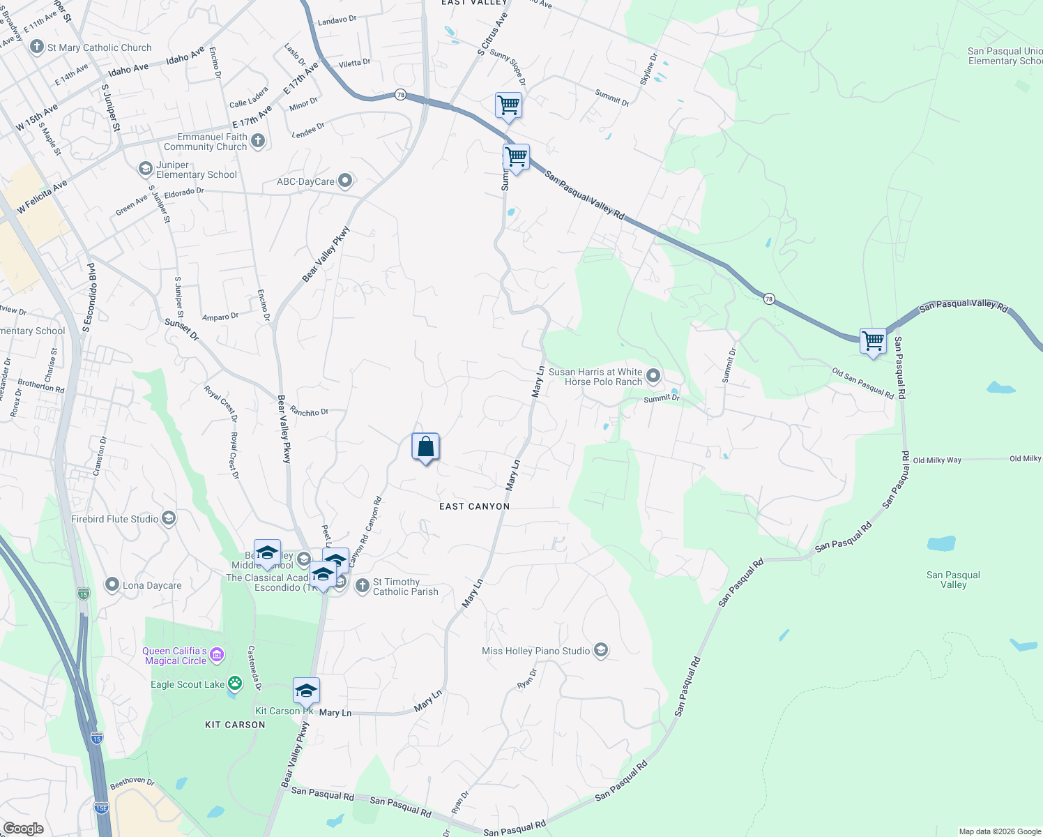 map of restaurants, bars, coffee shops, grocery stores, and more near 2692 Mary Lane in Escondido