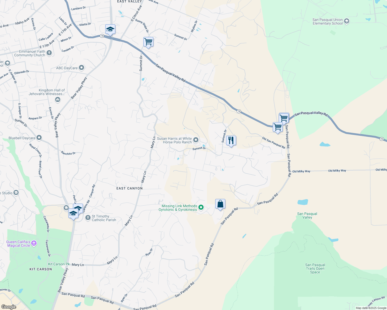 map of restaurants, bars, coffee shops, grocery stores, and more near 2955 Summit Drive in Escondido