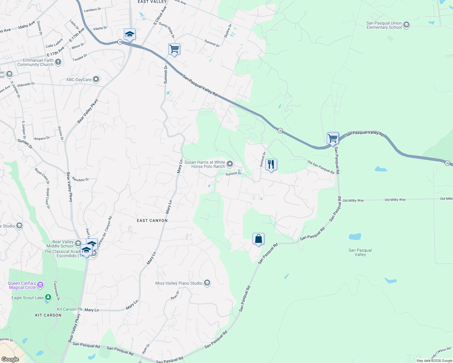 map of restaurants, bars, coffee shops, grocery stores, and more near 2955 Summit Drive in Escondido