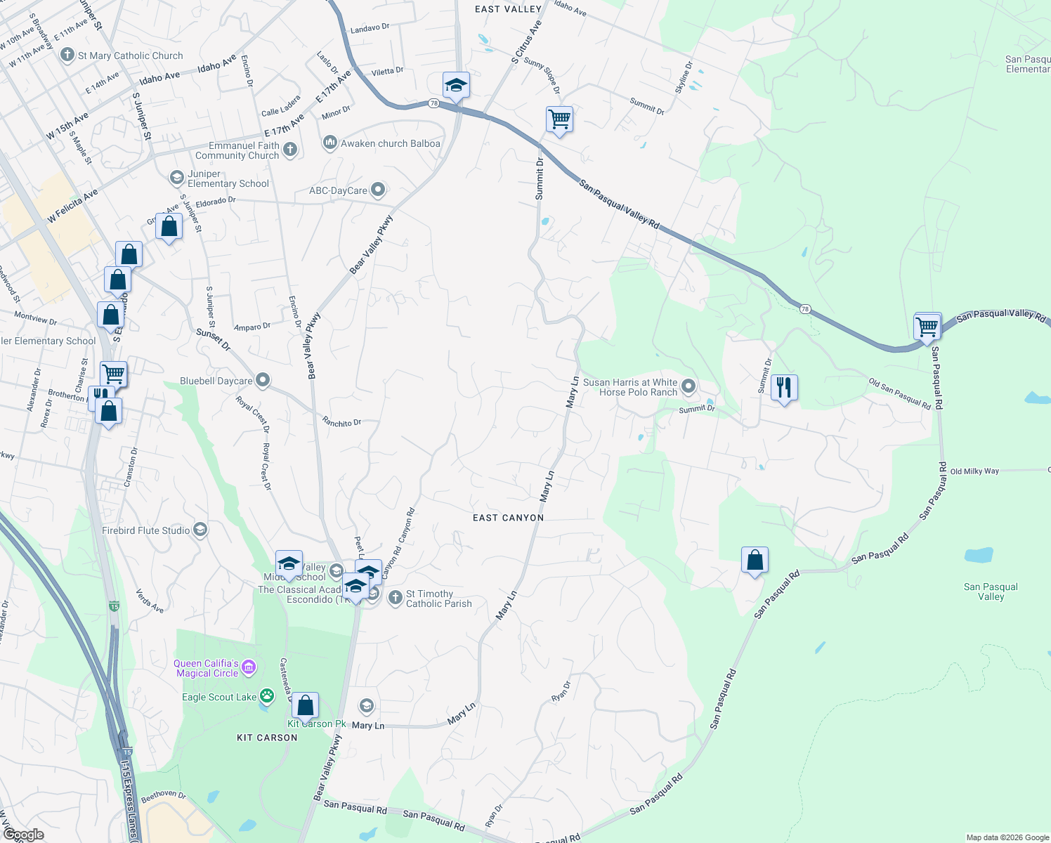 map of restaurants, bars, coffee shops, grocery stores, and more near 1135 Orangewood Drive in Escondido
