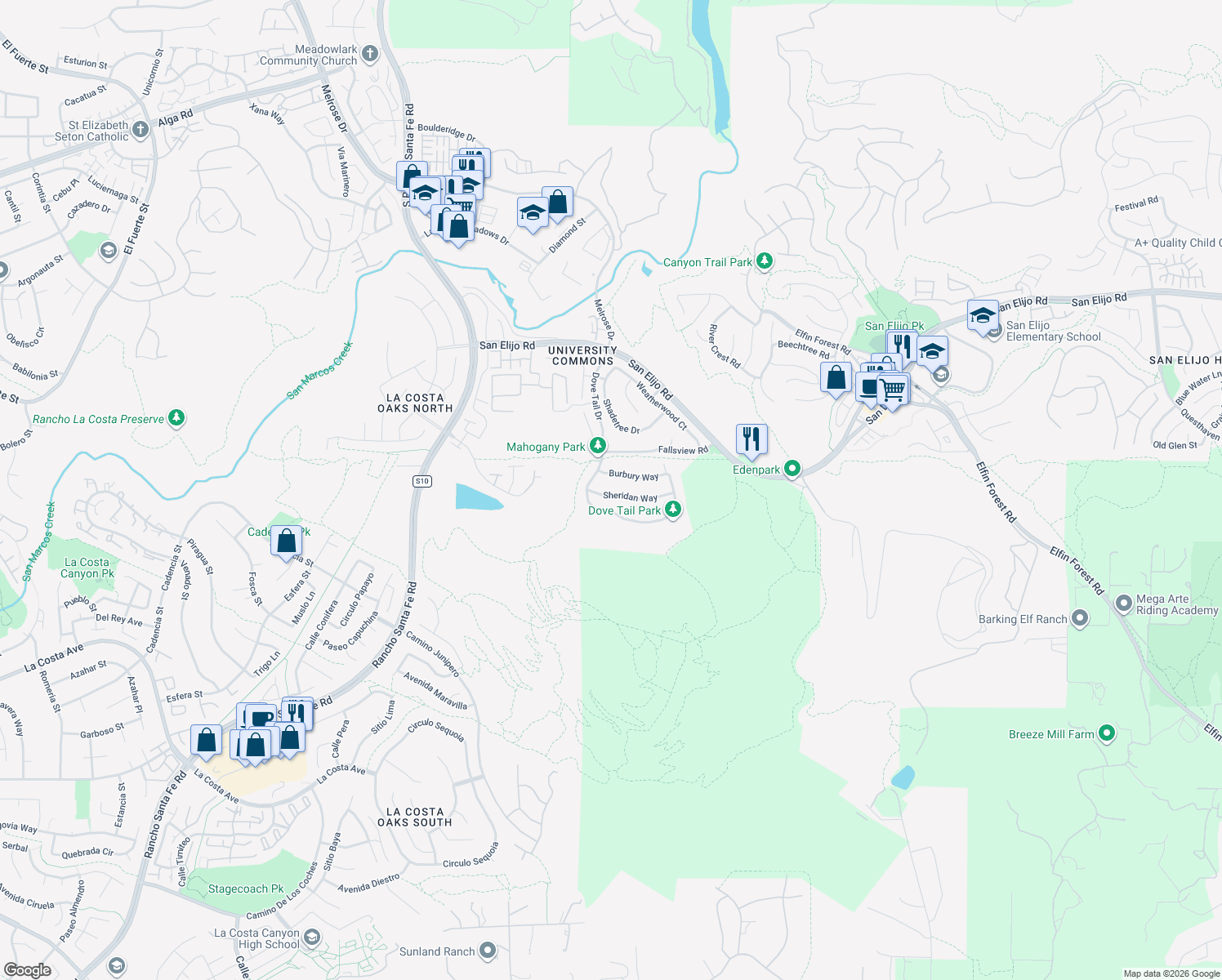 map of restaurants, bars, coffee shops, grocery stores, and more near 1844 Sheridan Way in San Marcos