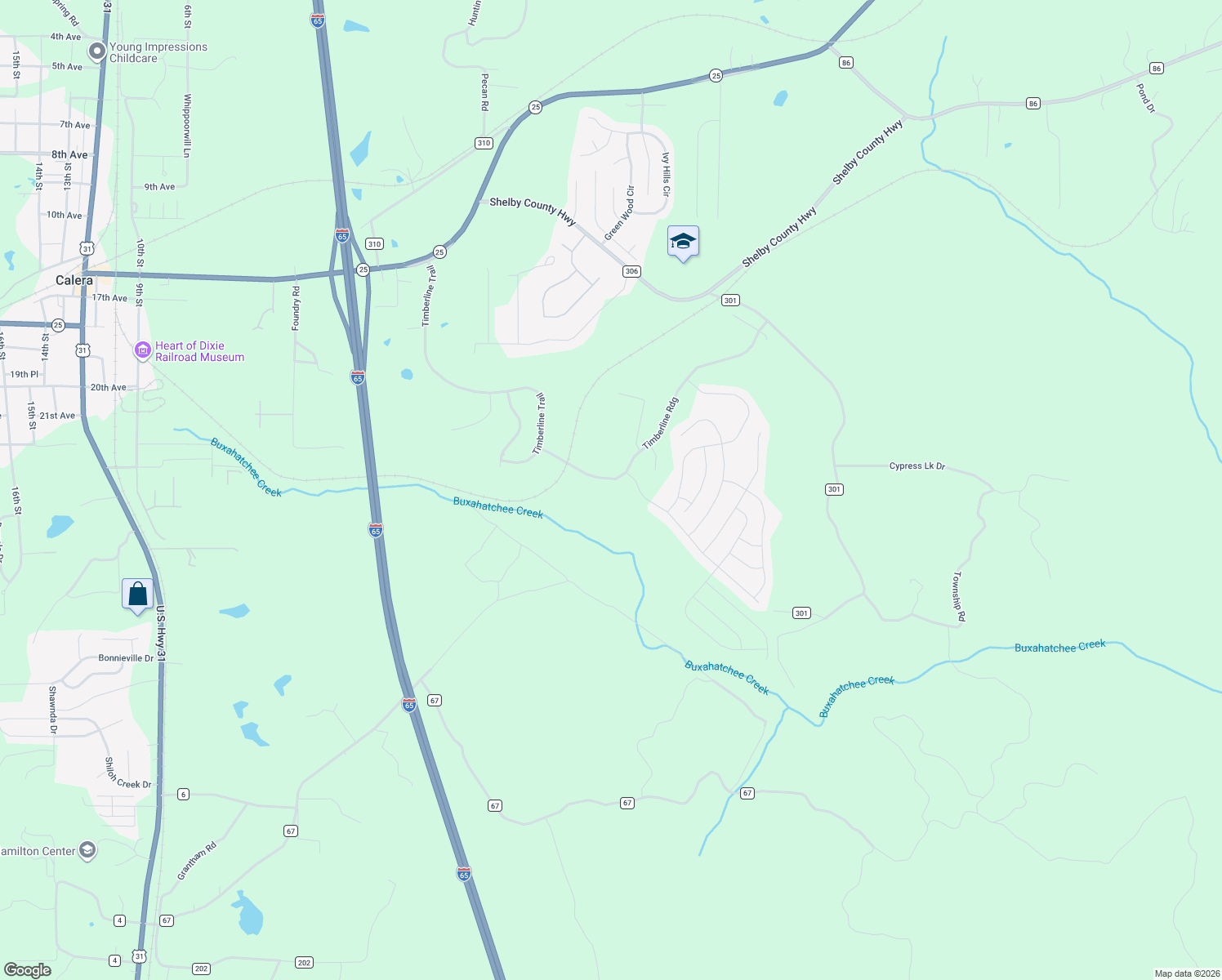 map of restaurants, bars, coffee shops, grocery stores, and more near 1064 Timberline Ridge in Calera