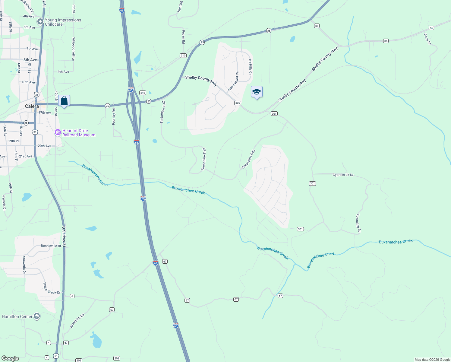map of restaurants, bars, coffee shops, grocery stores, and more near 1063 Timberline Ridge in Calera