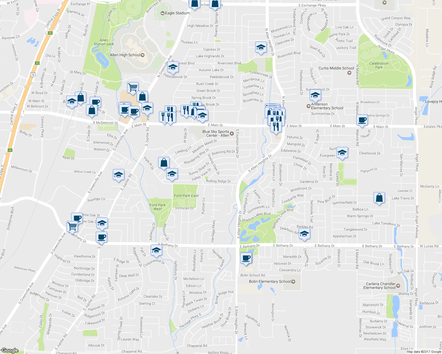 map of restaurants, bars, coffee shops, grocery stores, and more near 808 Grassy Glen Dr in Allen