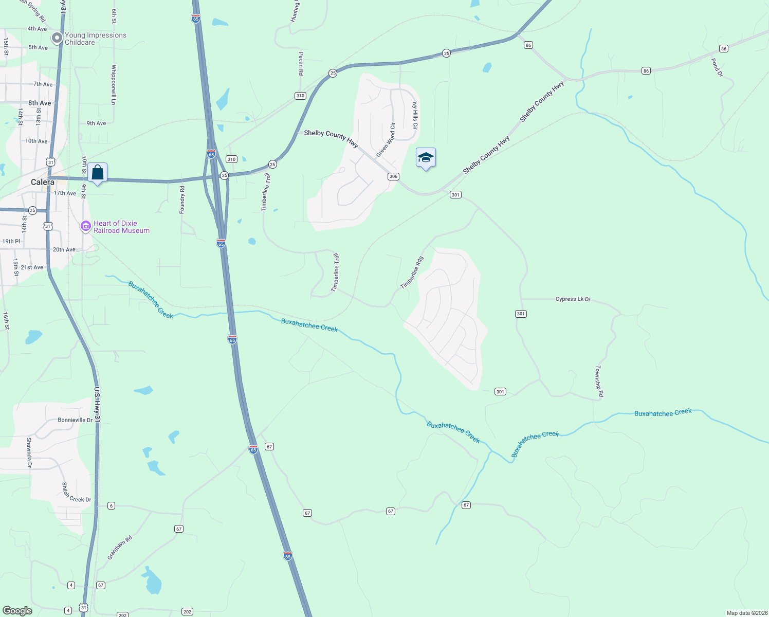 map of restaurants, bars, coffee shops, grocery stores, and more near 1063 Timberline Ridge in Calera