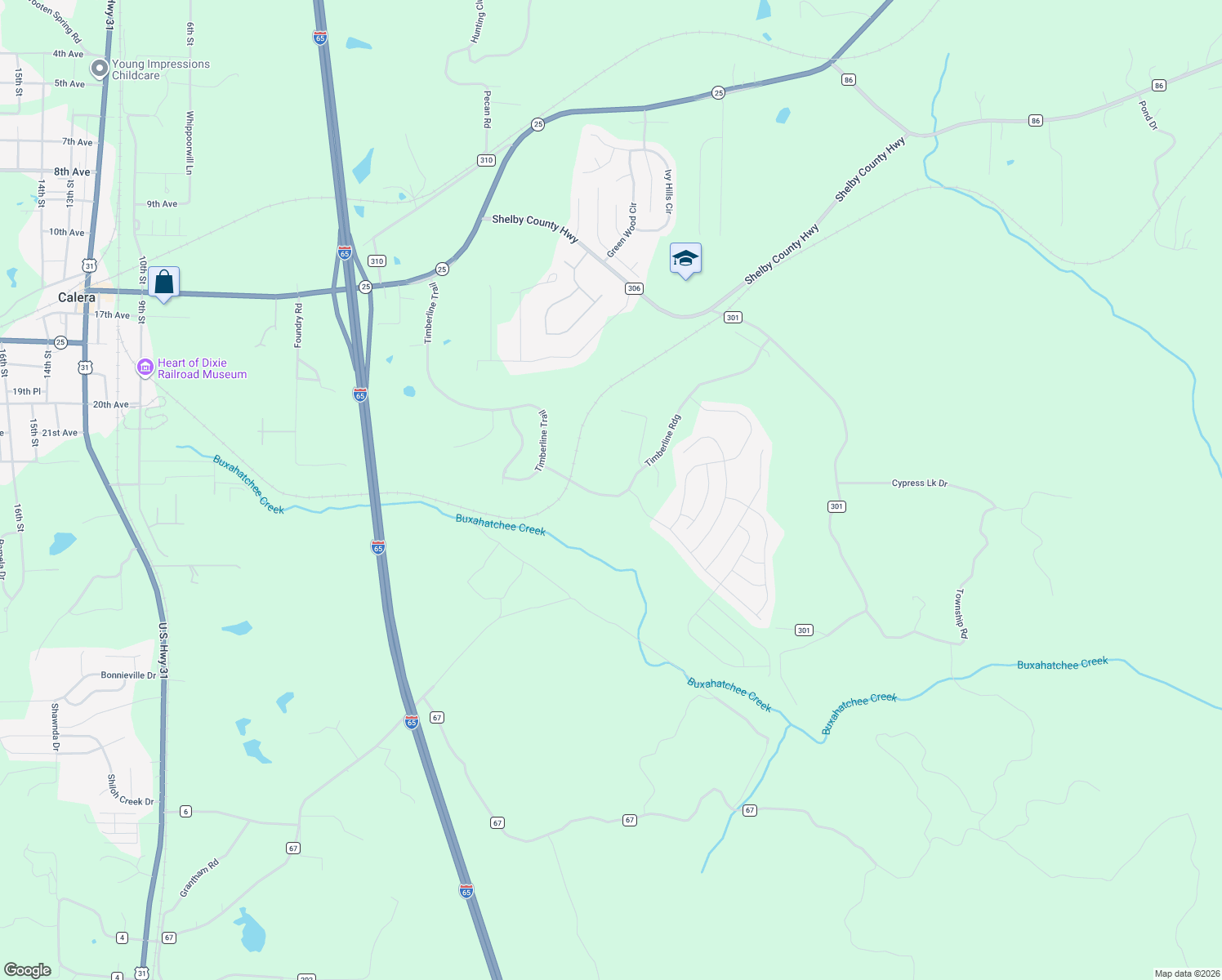 map of restaurants, bars, coffee shops, grocery stores, and more near 1063 Timberline Ridge in Calera