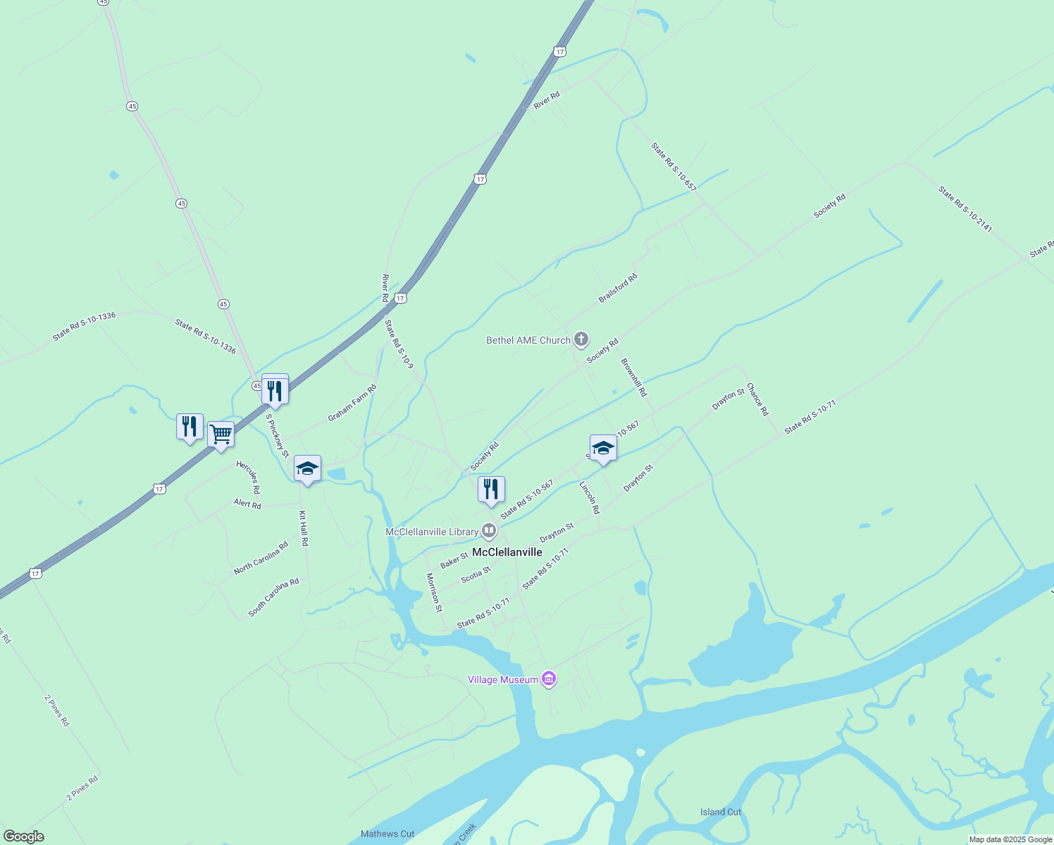 map of restaurants, bars, coffee shops, grocery stores, and more near 416 Beulah Drive in McClellanville