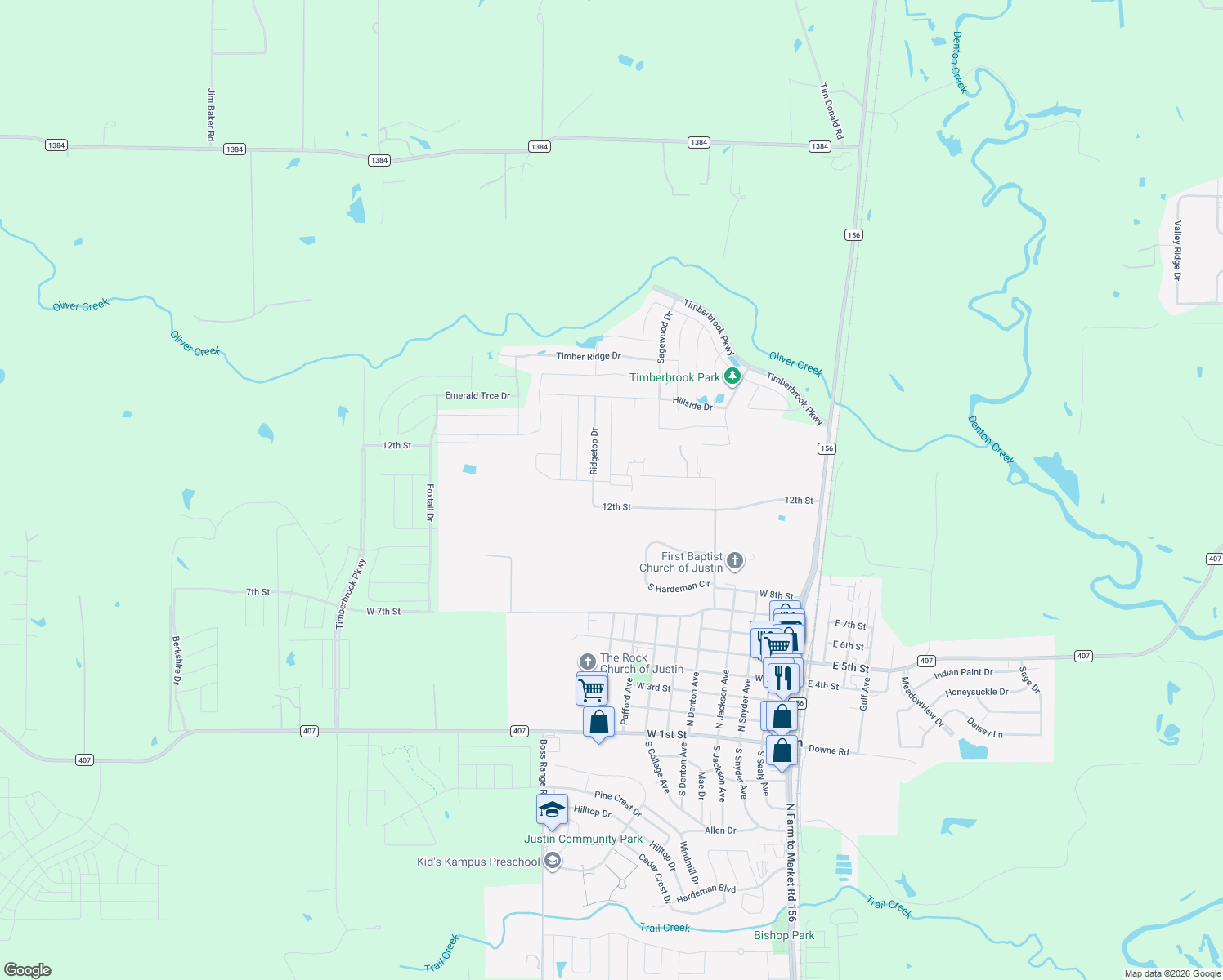 map of restaurants, bars, coffee shops, grocery stores, and more near 900 Valley Circle in Justin