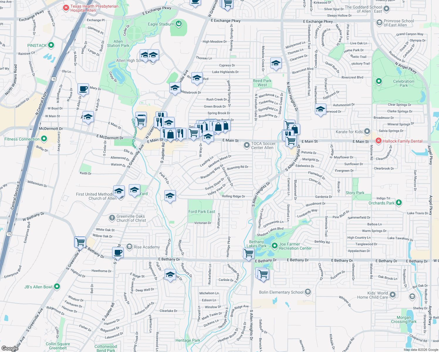 map of restaurants, bars, coffee shops, grocery stores, and more near 718 Roaming Road Drive in Allen