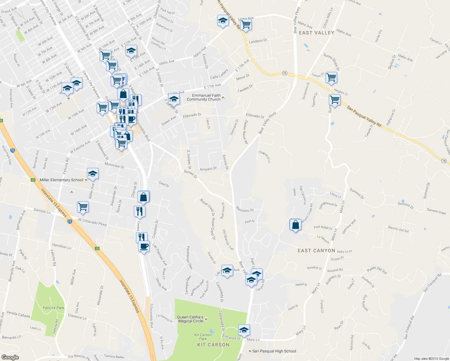 map of restaurants, bars, coffee shops, grocery stores, and more near 2154 Rancho Verde Drive in Escondido