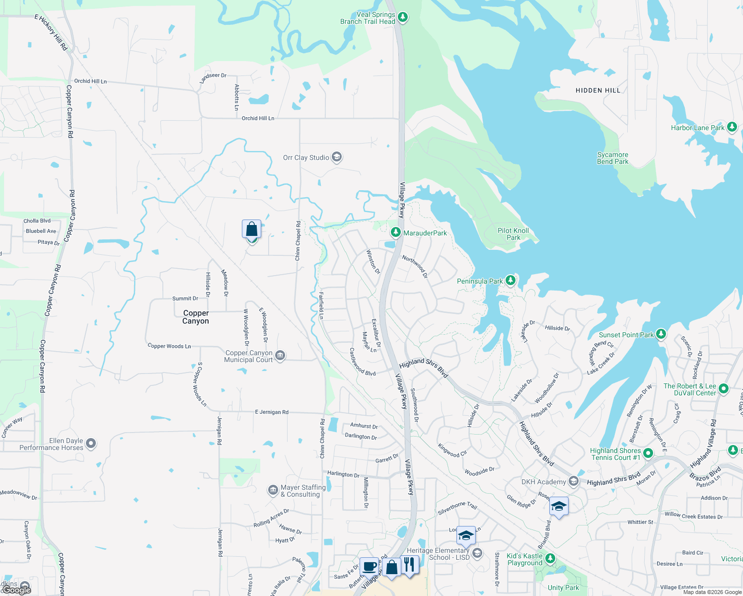 map of restaurants, bars, coffee shops, grocery stores, and more near 944 Excalibur Dr in Highland Village