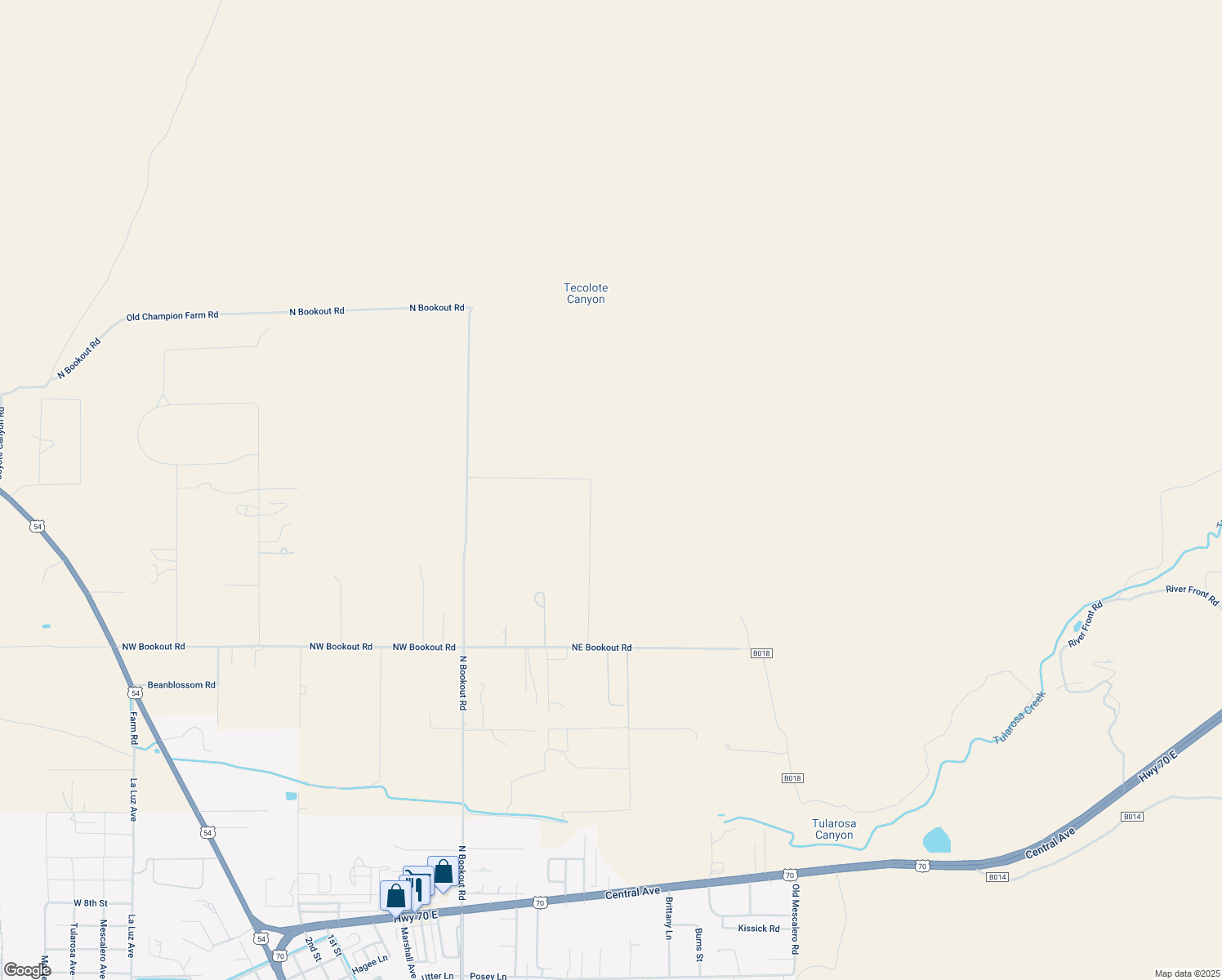 map of restaurants, bars, coffee shops, grocery stores, and more near 35 Tularosa Farms Road in Tularosa