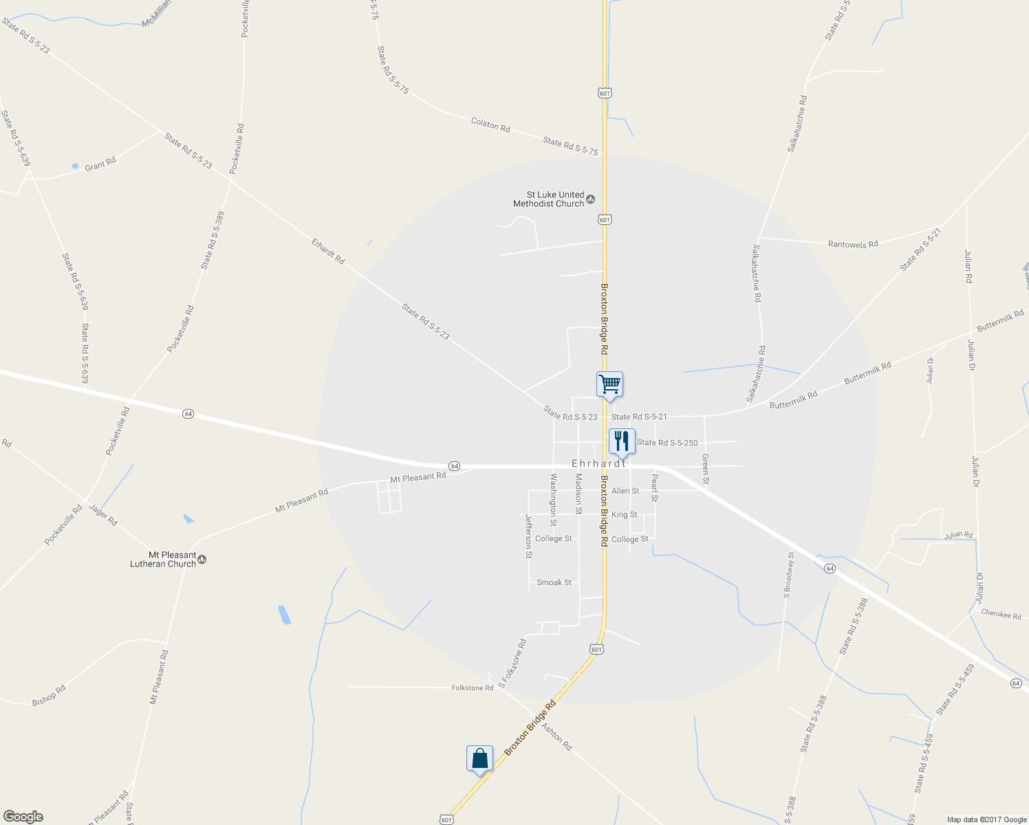 map of restaurants, bars, coffee shops, grocery stores, and more near 6293 Ehrhardt Road in Ehrhardt