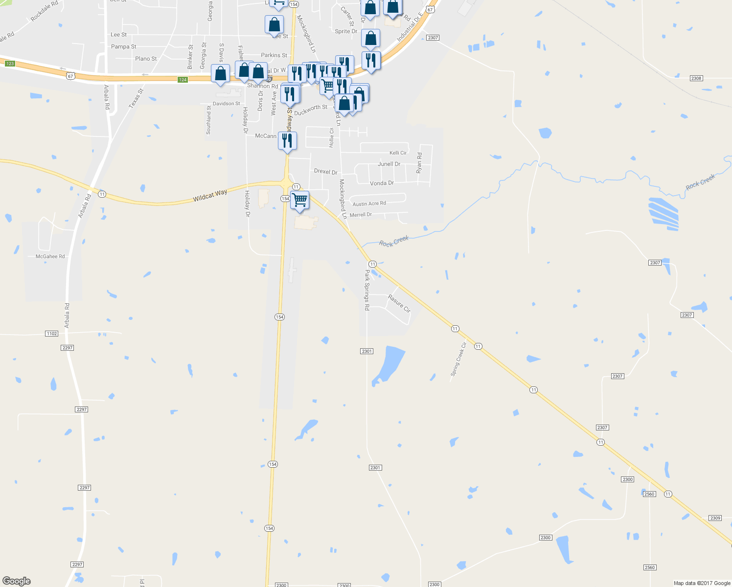 map of restaurants, bars, coffee shops, grocery stores, and more near 2027 Park Springs Road in Sulphur Springs