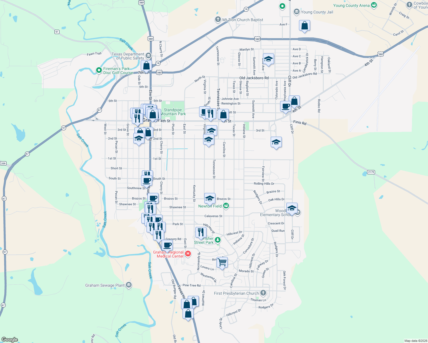 map of restaurants, bars, coffee shops, grocery stores, and more near 826 Tennessee Street in Graham