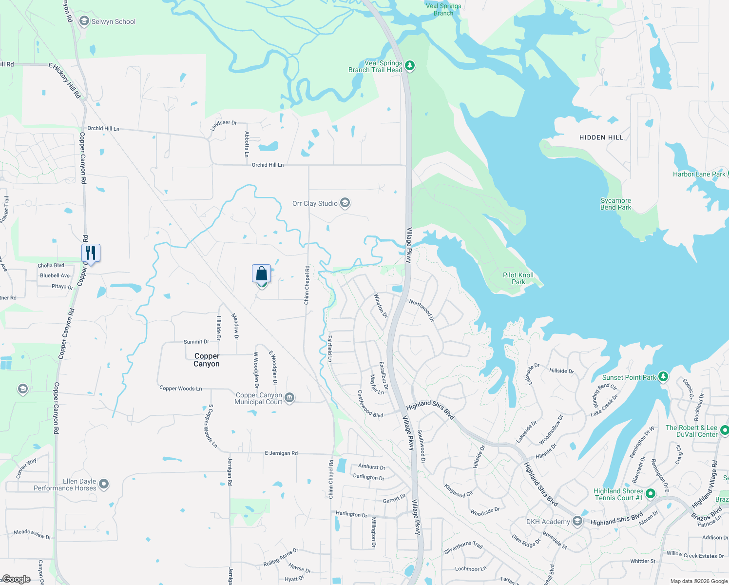 map of restaurants, bars, coffee shops, grocery stores, and more near 3402 Huddersfield Crest in Lewisville