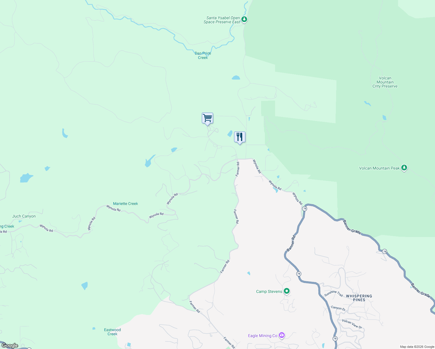 map of restaurants, bars, coffee shops, grocery stores, and more near 2130 Wynola Road in Julian