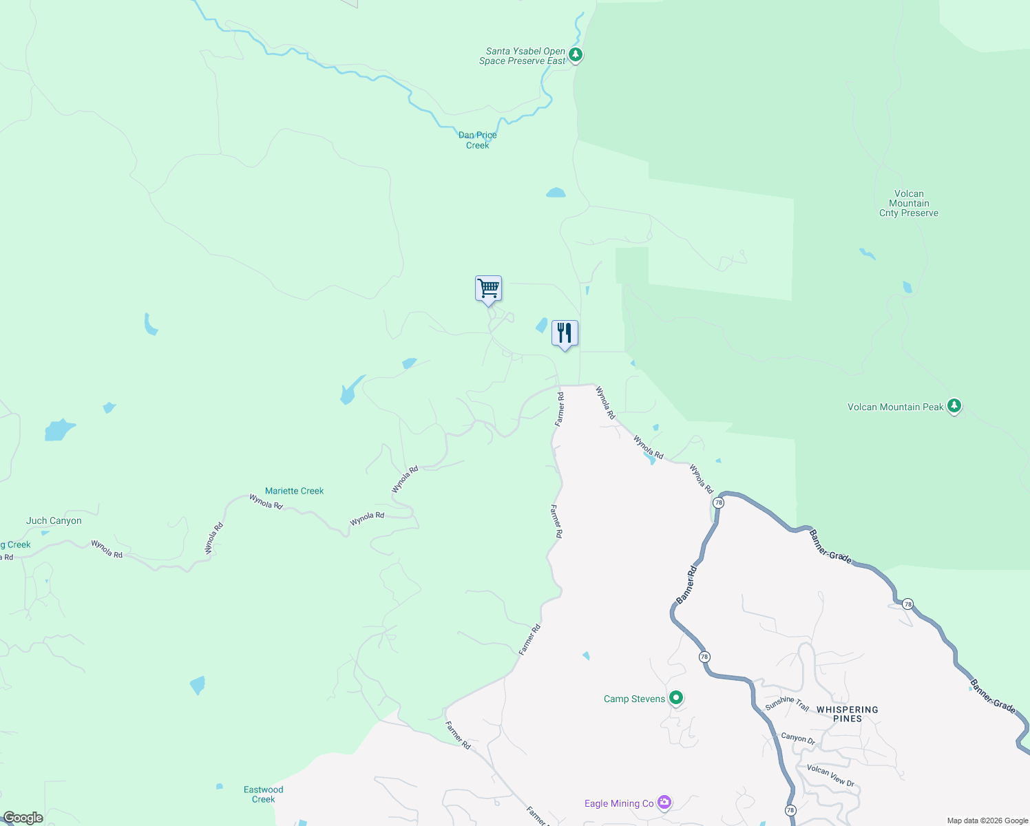 map of restaurants, bars, coffee shops, grocery stores, and more near 2130 Wynola Road in Julian