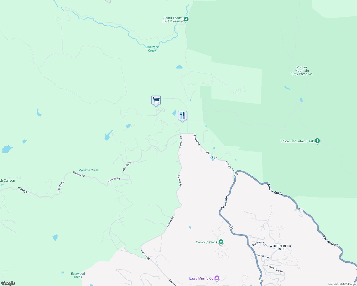 map of restaurants, bars, coffee shops, grocery stores, and more near 1326 Farmer Road in Julian