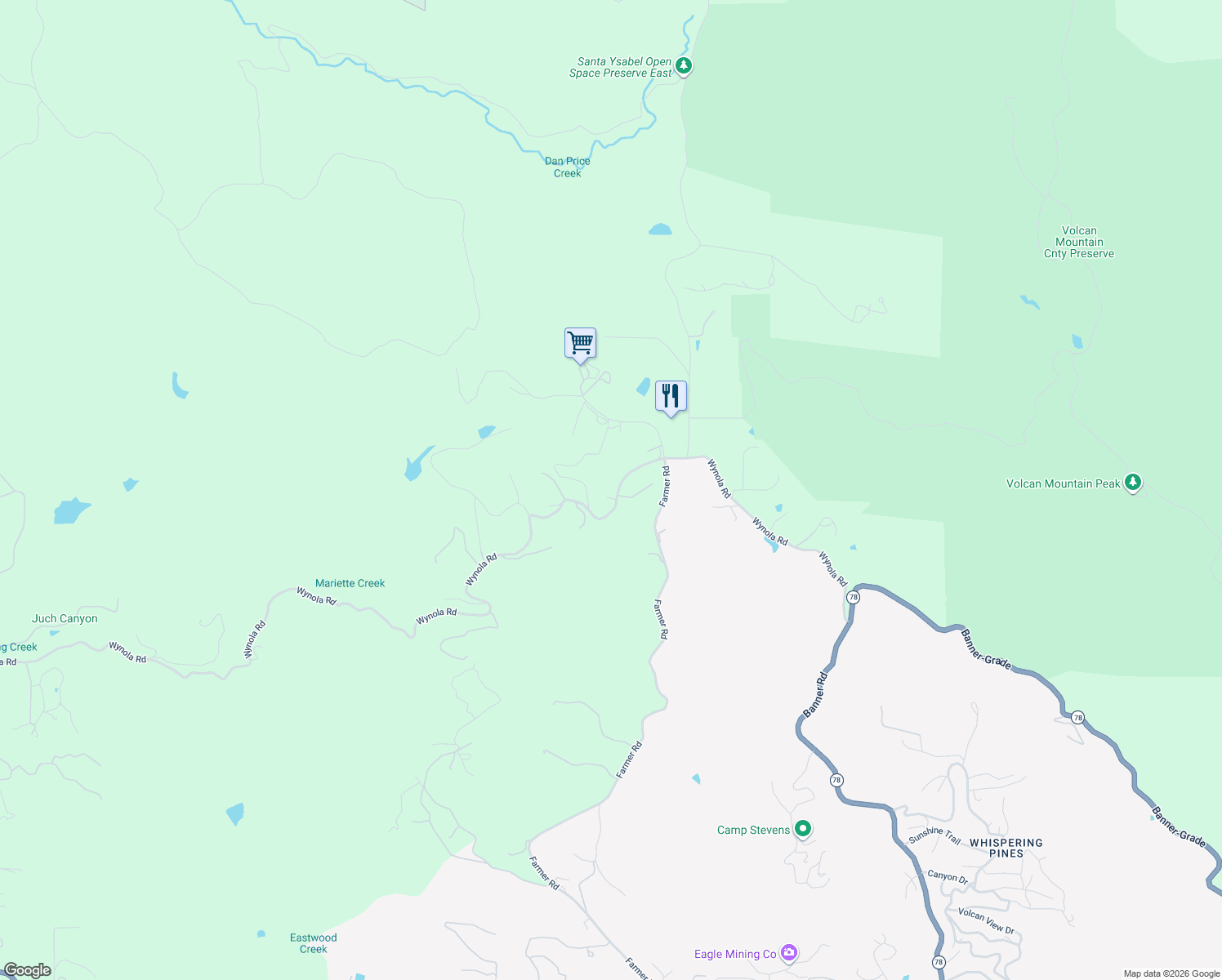 map of restaurants, bars, coffee shops, grocery stores, and more near 2130 Wynola Road in Julian